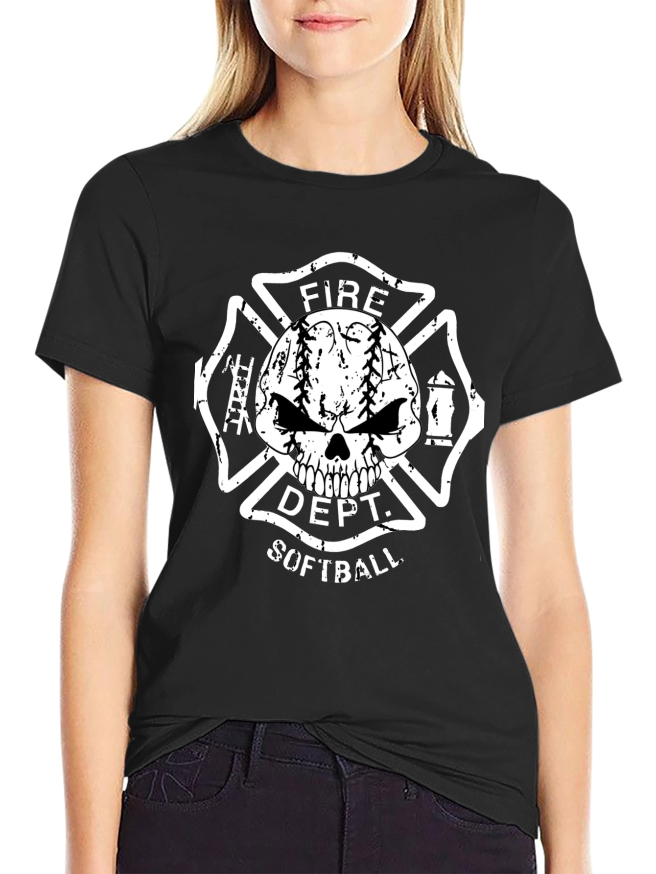 Fire Dept. Softball Skull Graphic T-Shirt