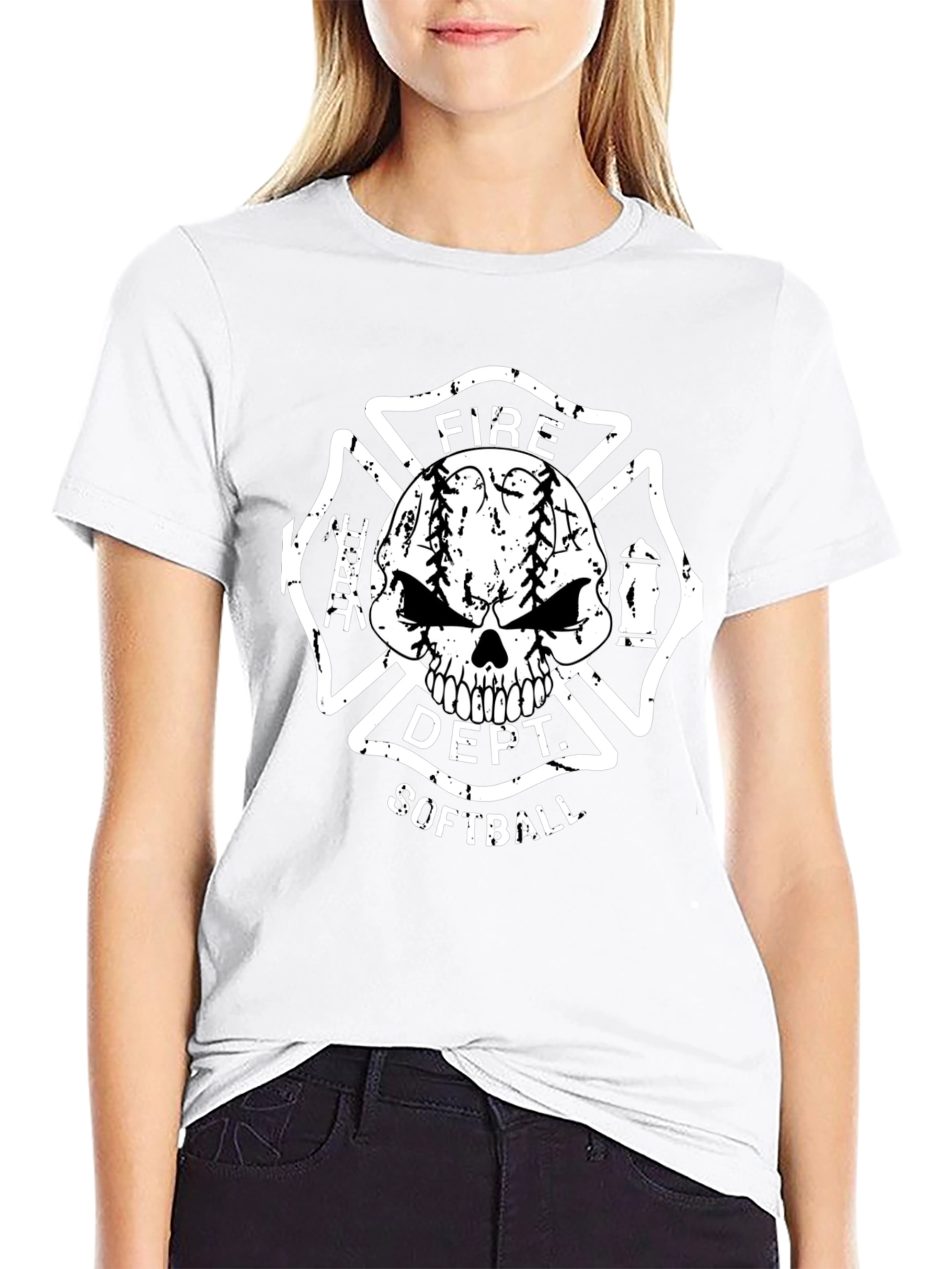 Fire Dept. Softball Skull Graphic T-Shirt