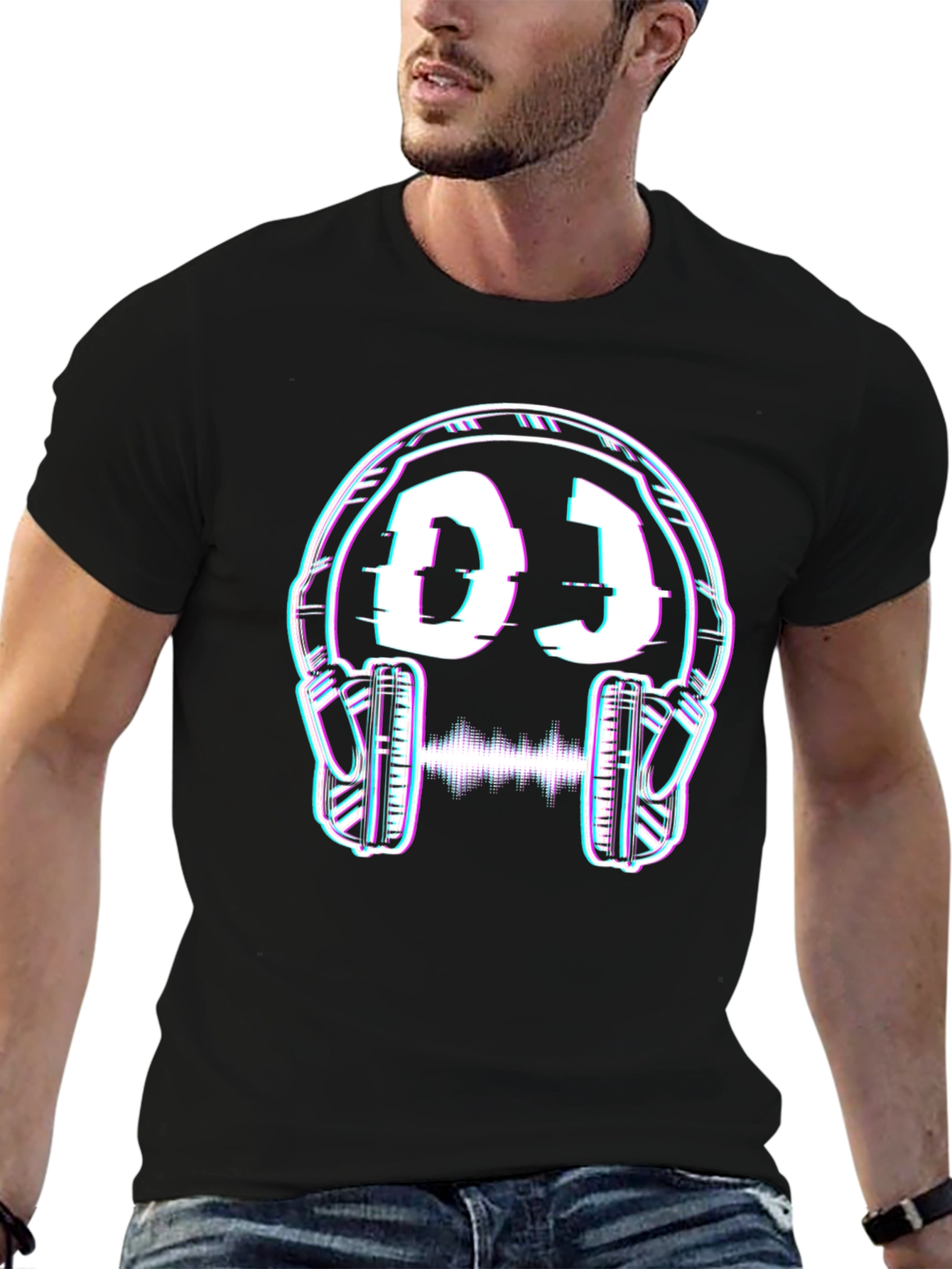 DJ Headphones Glitch Graphic Black T-Shirt