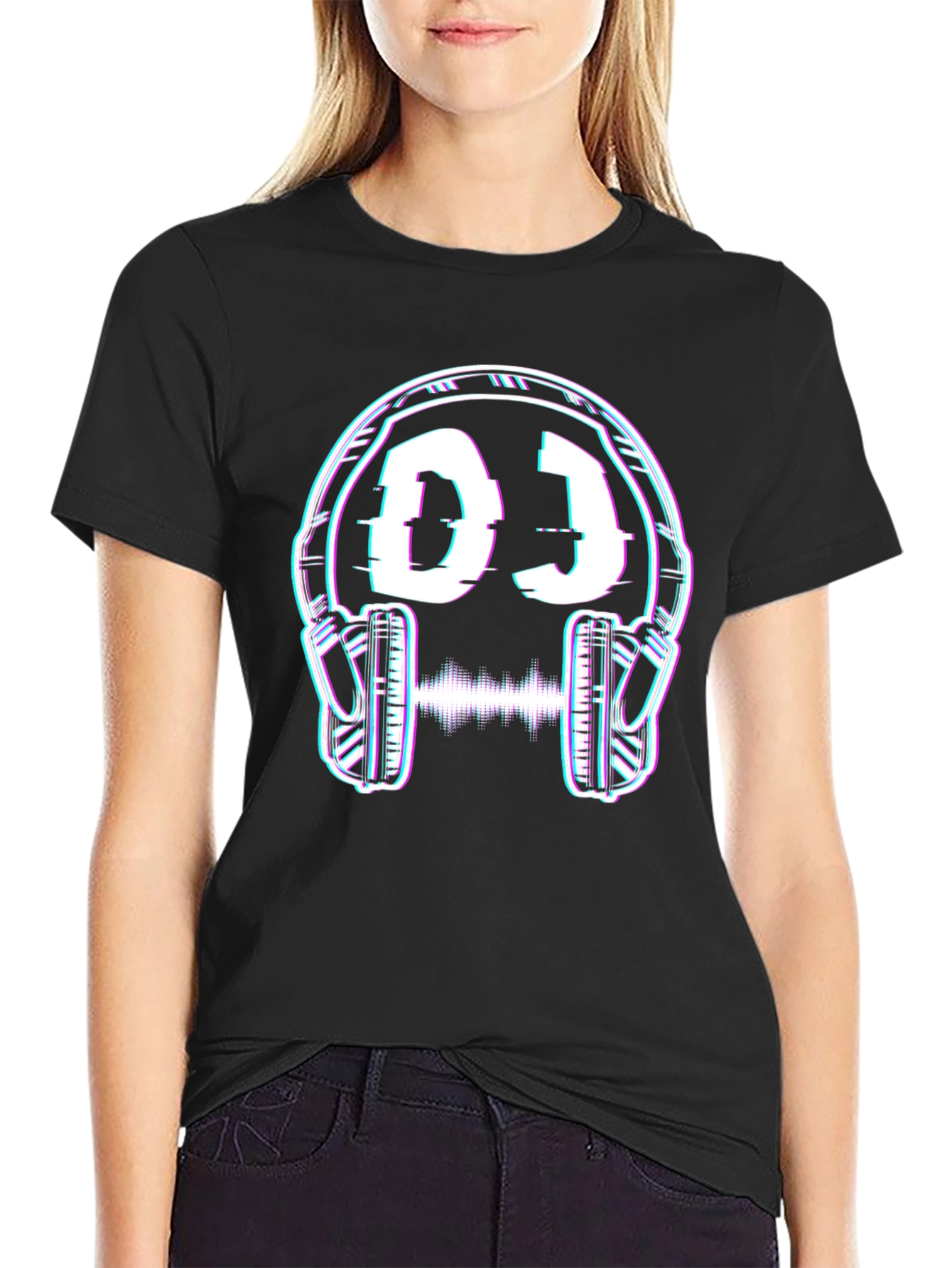 DJ Headphones Glitch Graphic Black T-Shirt