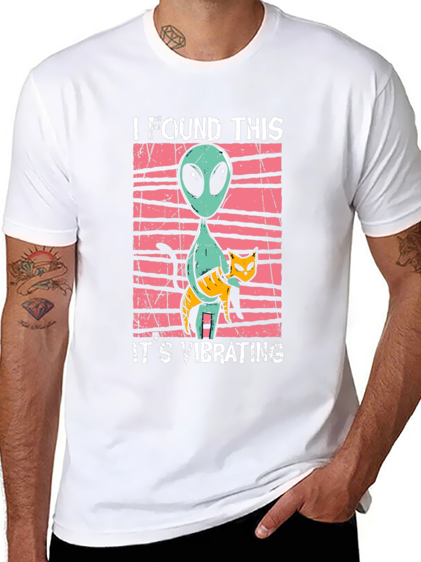 Alien & Cat Vibrating Humor Graphic Tee