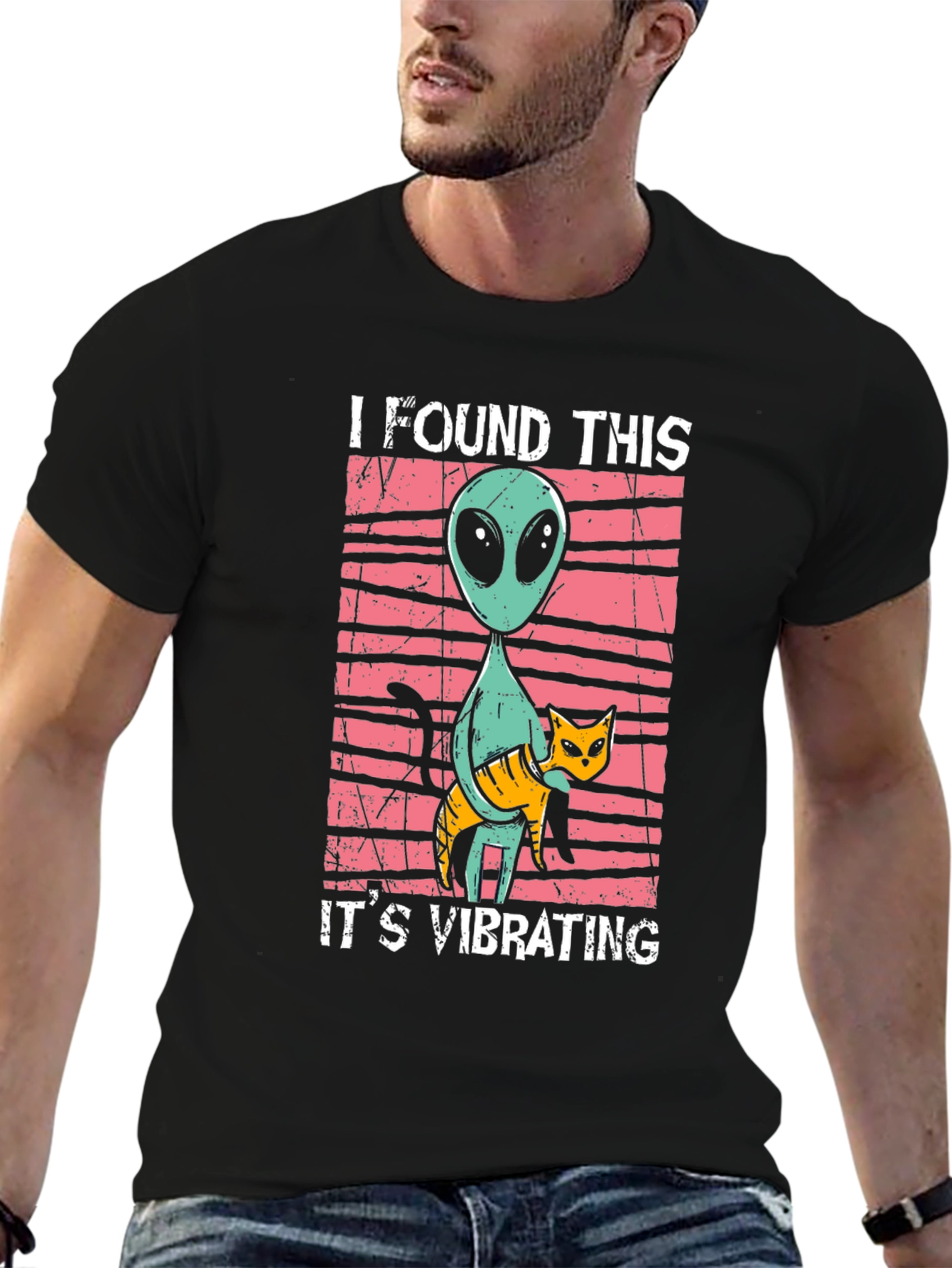 Alien & Cat Vibrating Humor Graphic Tee