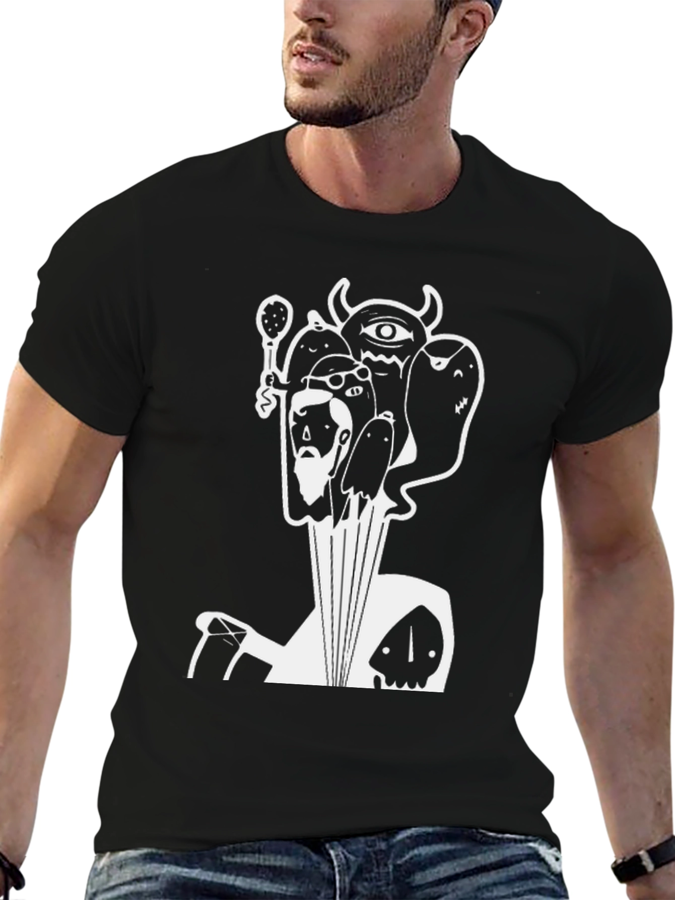 Graphic Black T-Shirt with White Cartoon Print
