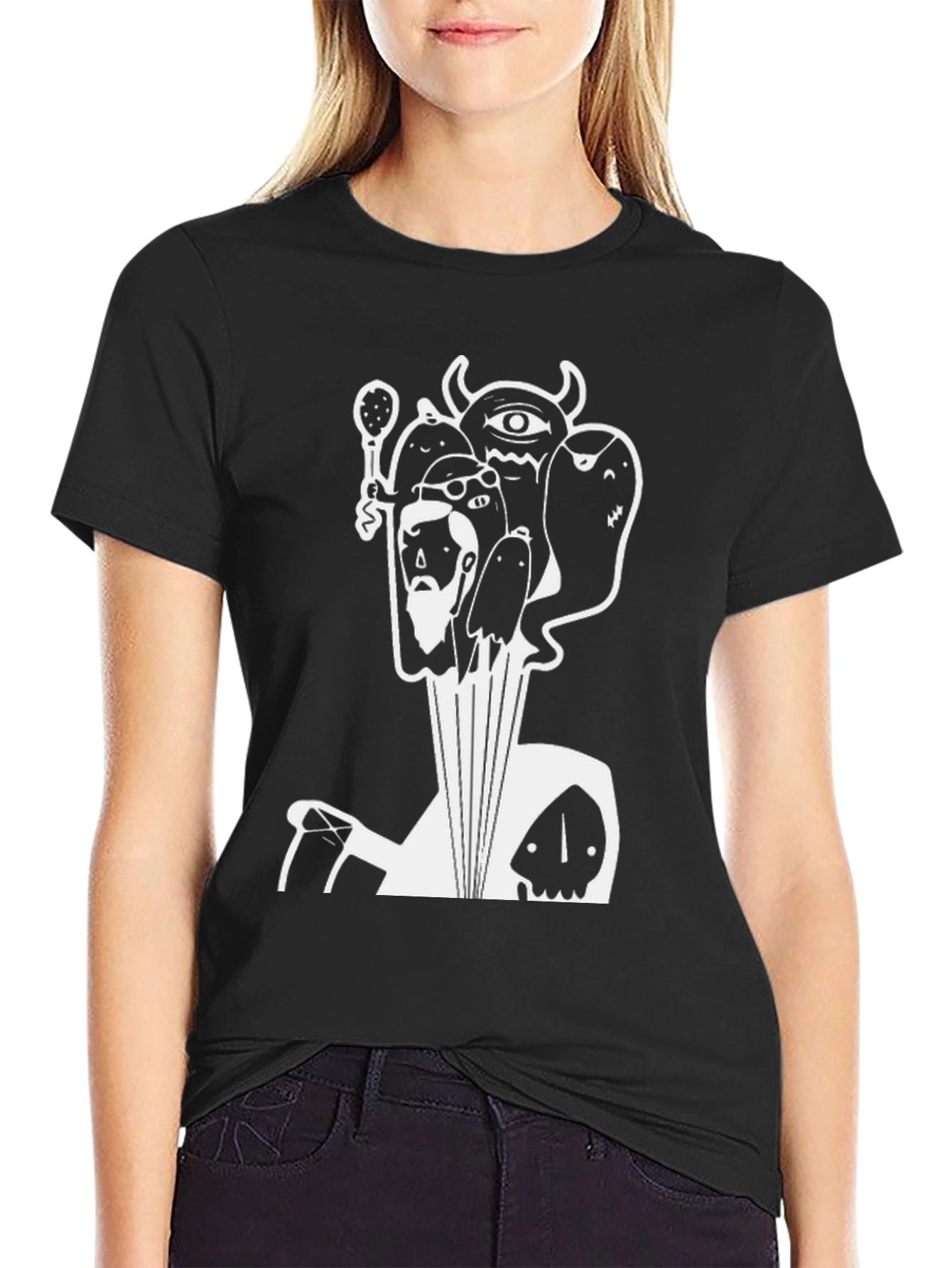 Graphic Black T-Shirt with White Cartoon Print