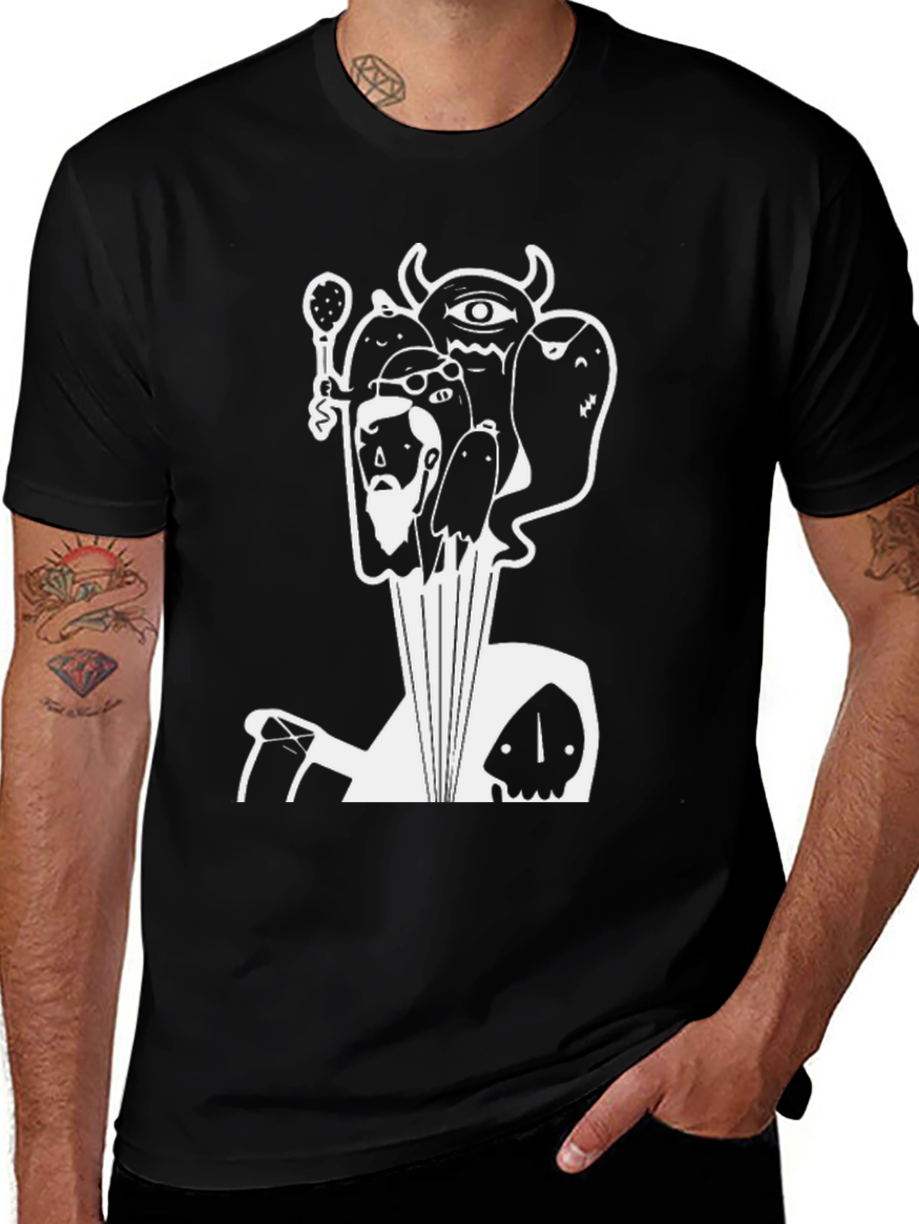Graphic Black T-Shirt with White Cartoon Print