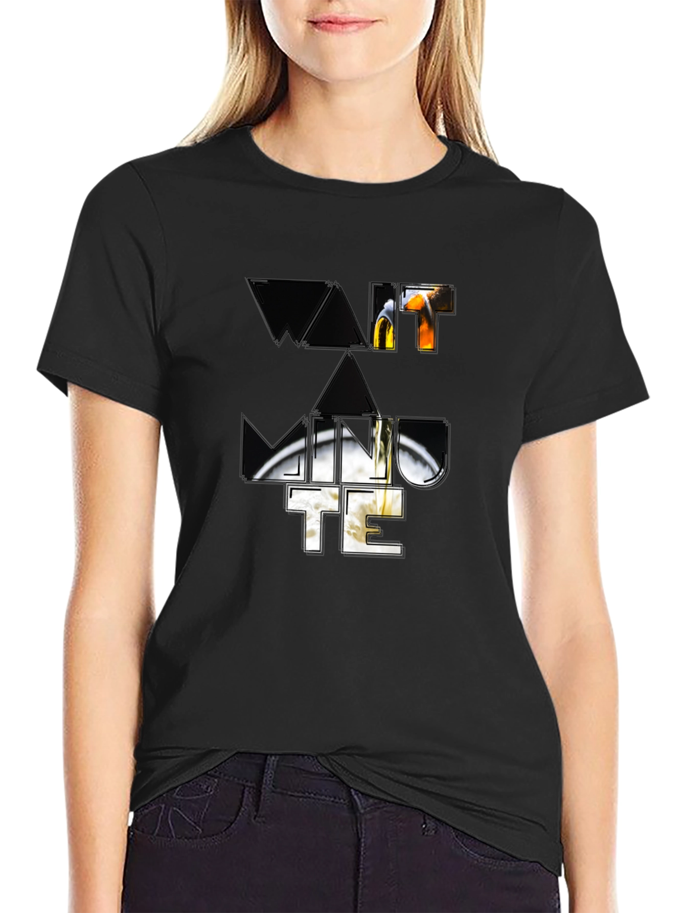 Wait A Minute Graphic Print Black T-Shirt