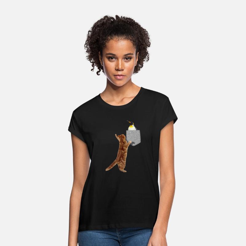 Cat Reaching For Penguin In Fake Print-On Pocket