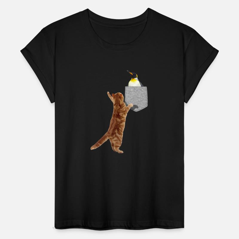 Cat Reaching For Penguin In Fake Print-On Pocket