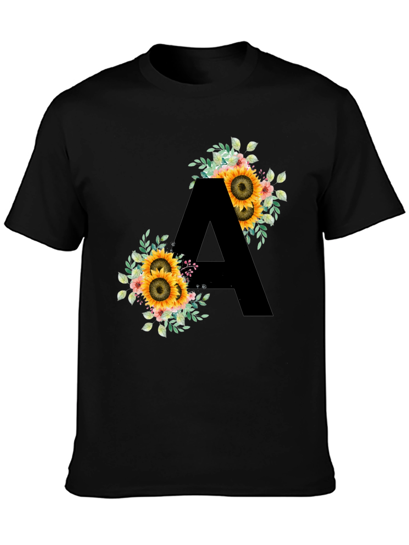 Floral Sunflower Letter A Black T-Shirt