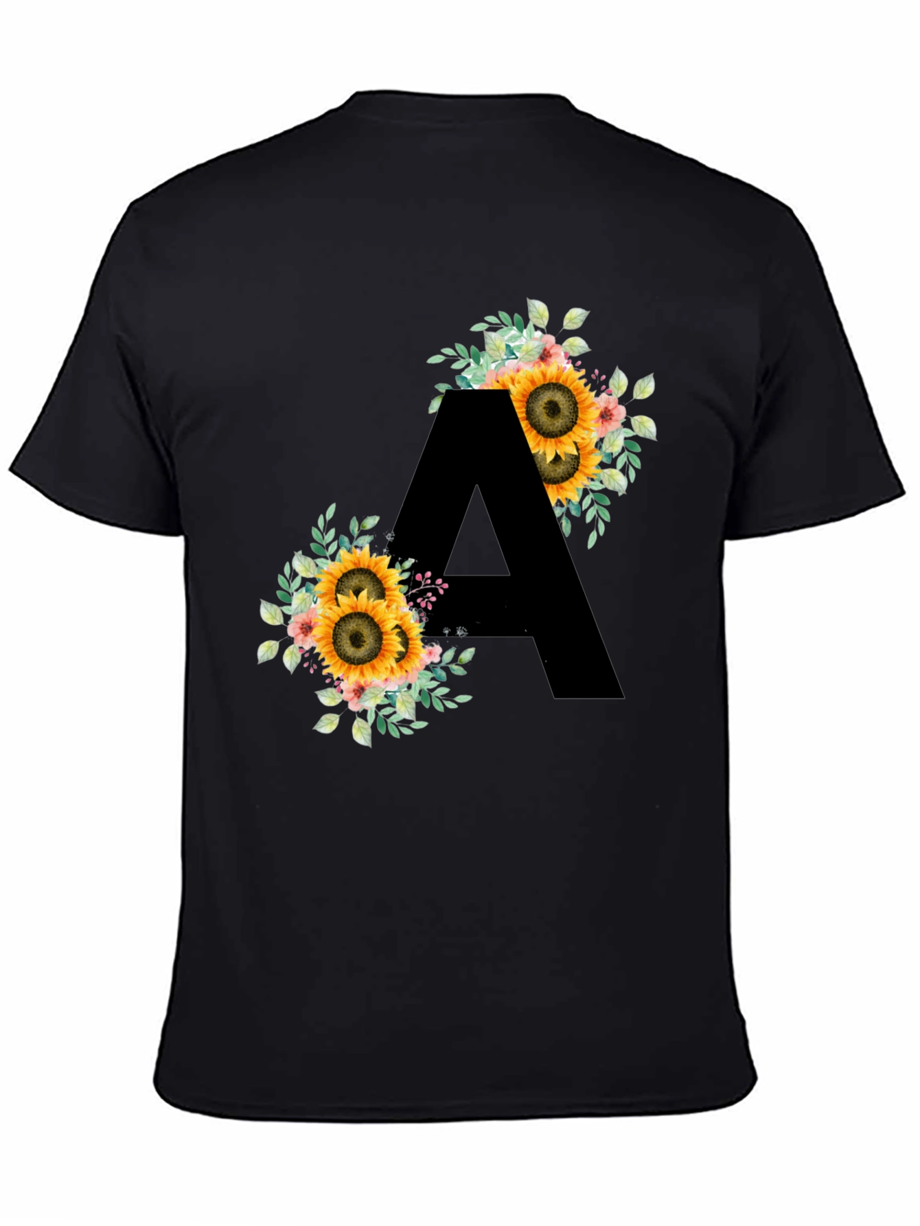 Floral Sunflower Letter A Black T-Shirt