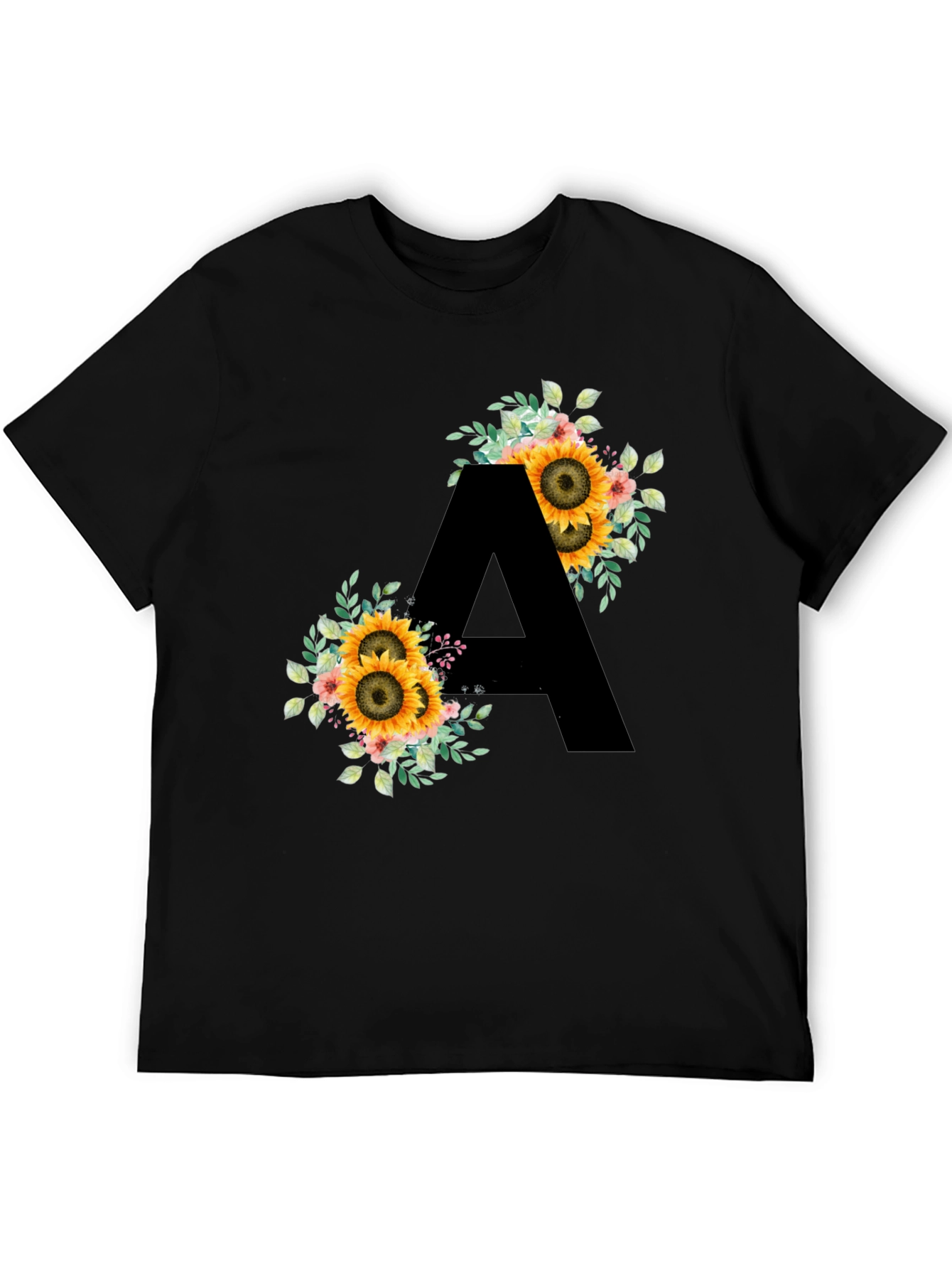 Floral Sunflower Letter A Black T-Shirt