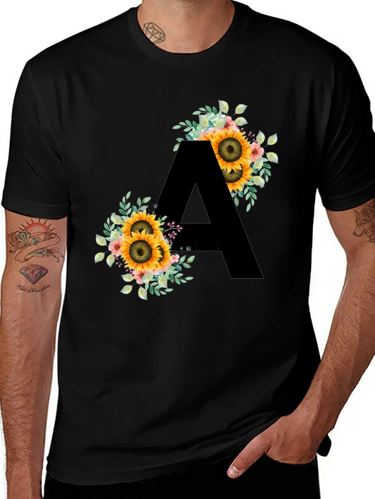 Floral Sunflower Letter A Black T-Shirt