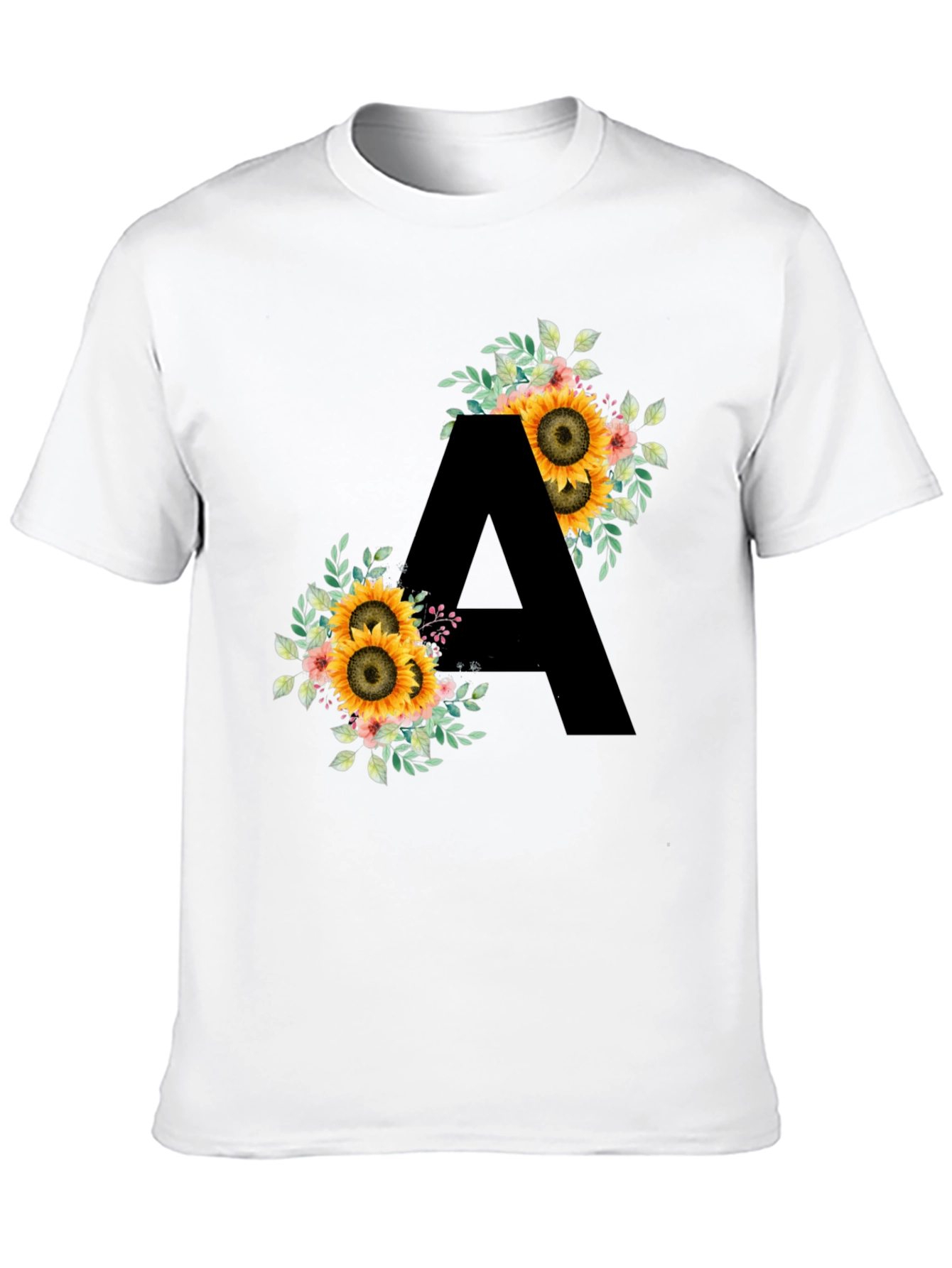 Floral Sunflower Letter A Black T-Shirt