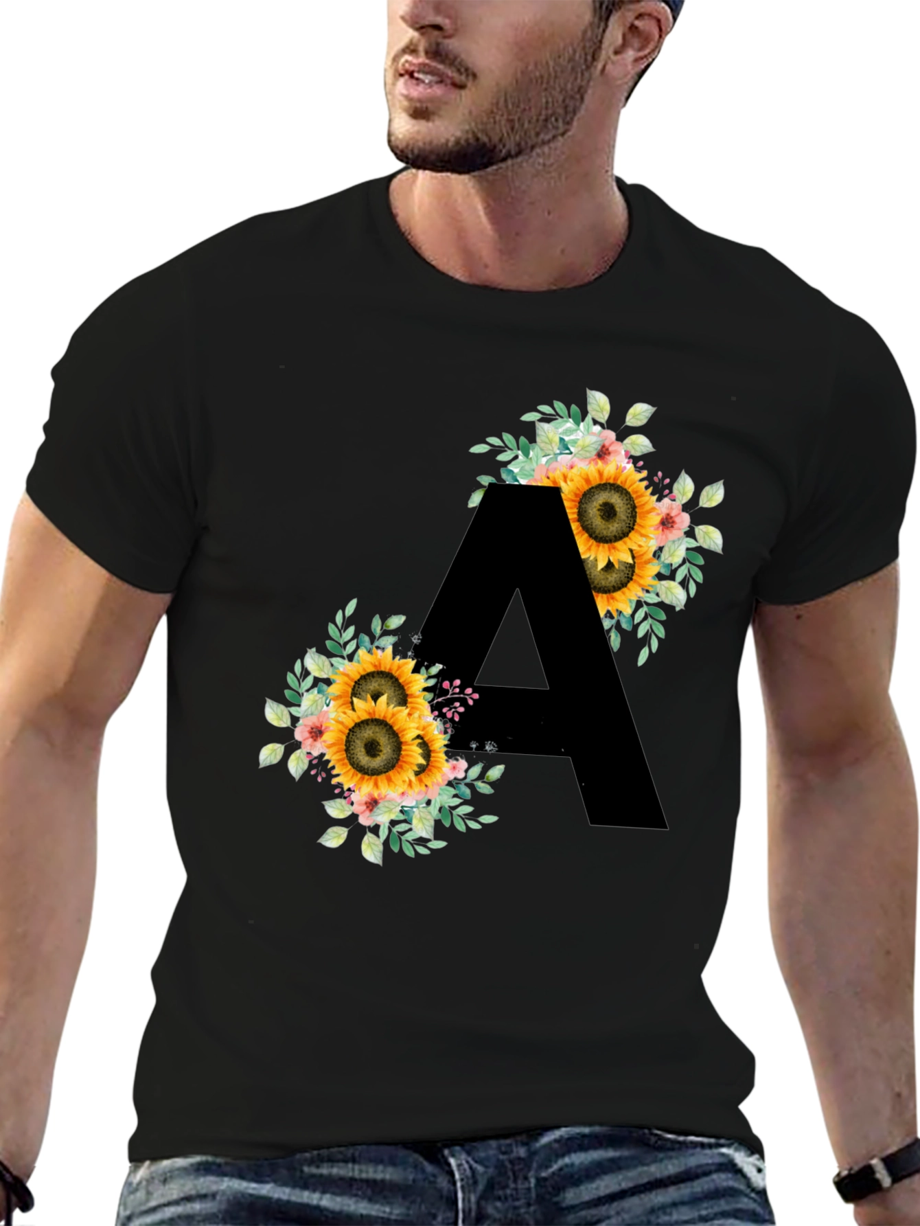 Floral Sunflower Letter A Black T-Shirt