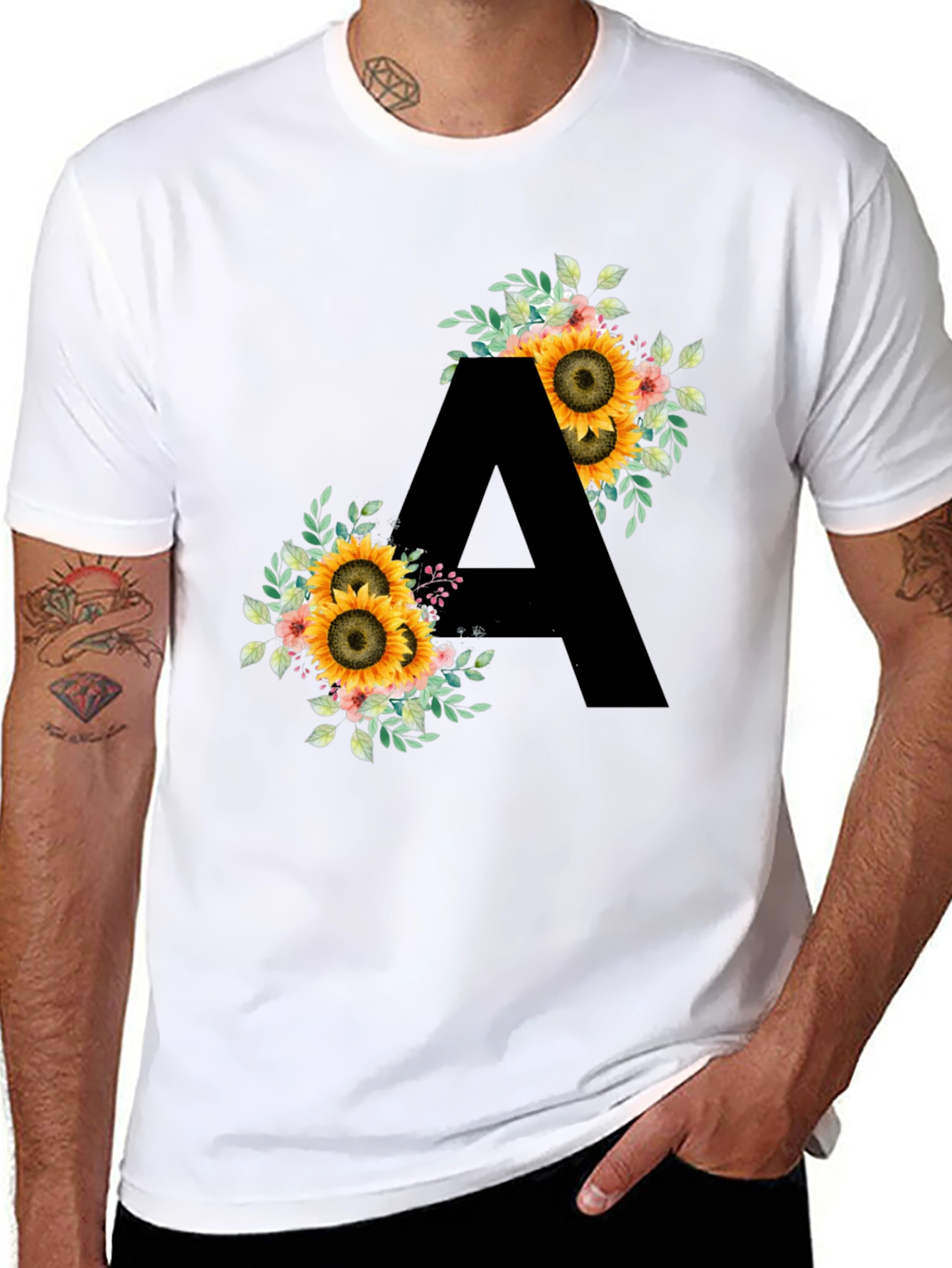 Floral Sunflower Letter A Black T-Shirt