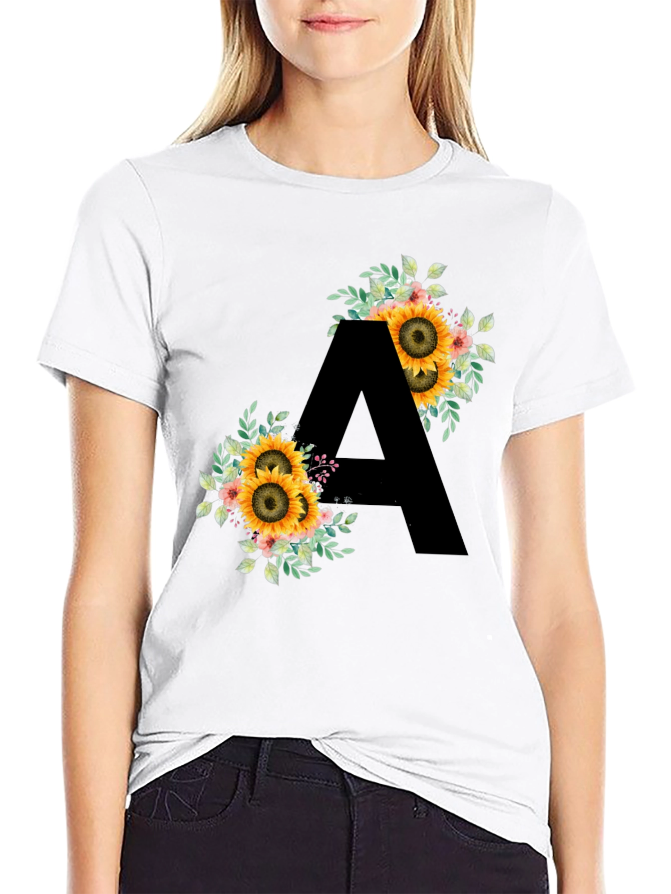 Floral Sunflower Letter A Black T-Shirt