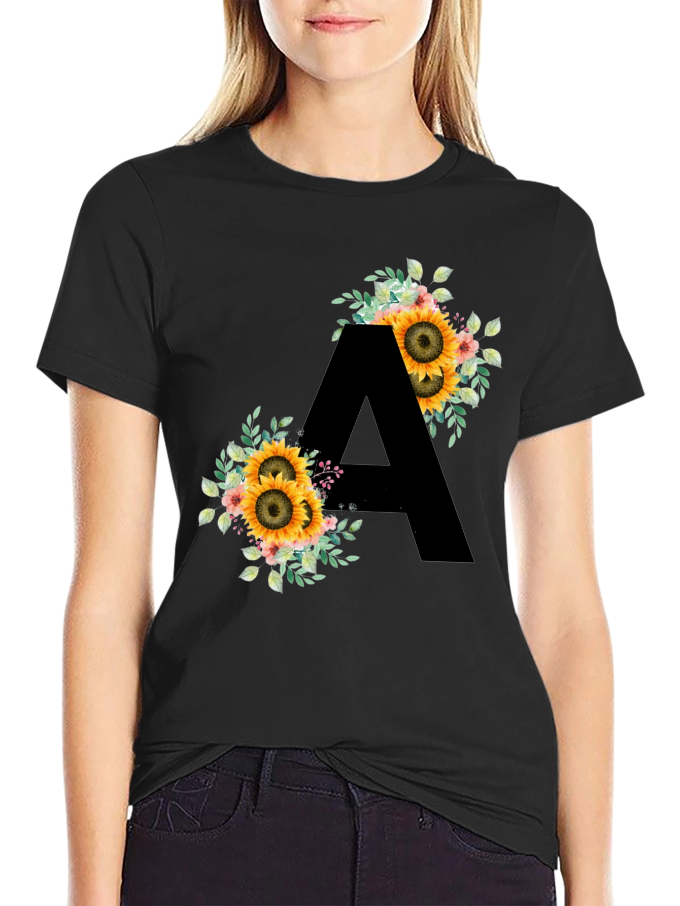 Floral Sunflower Letter A Black T-Shirt
