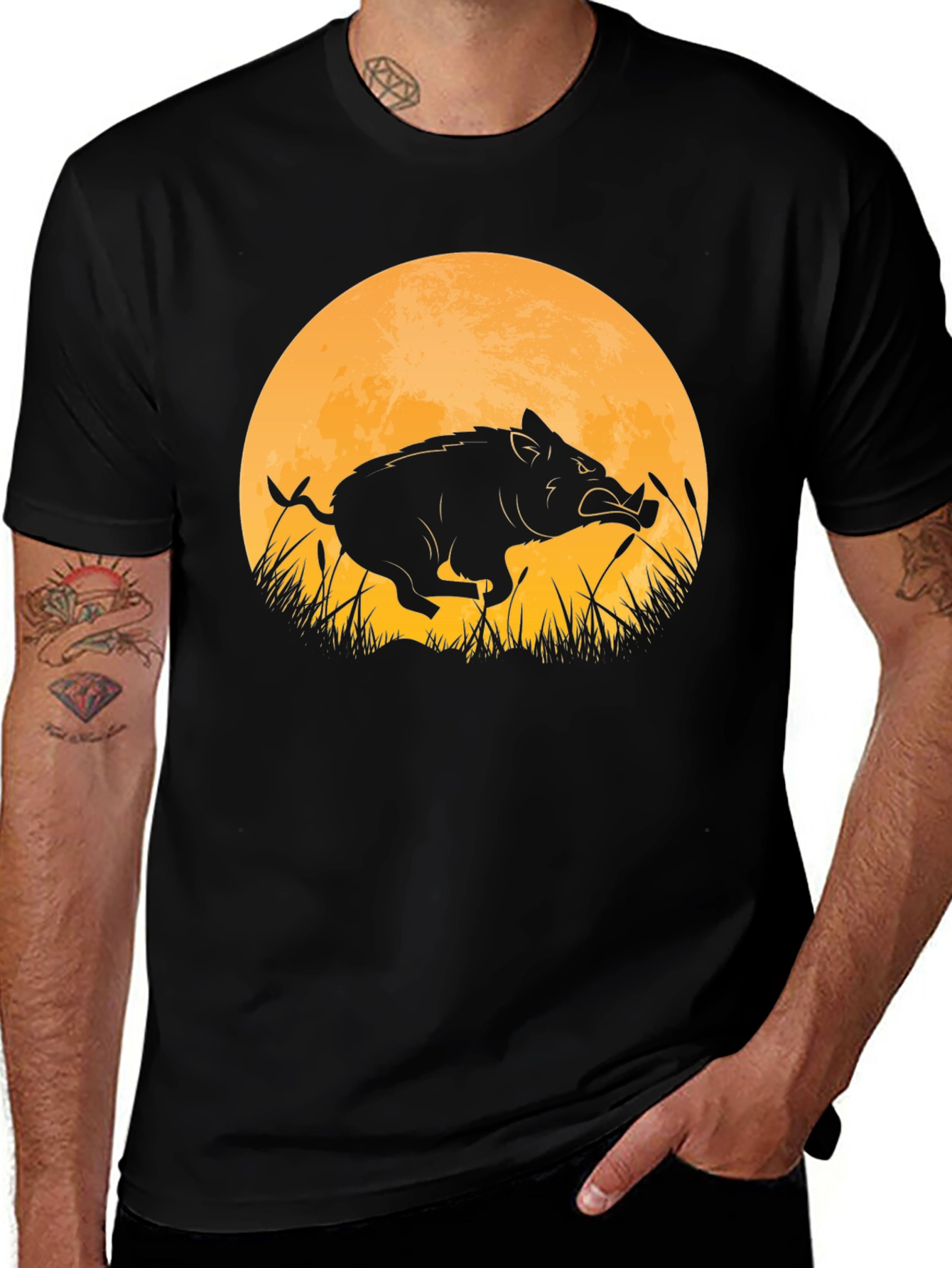 Boar Silhouette Moon Graphic T-Shirt