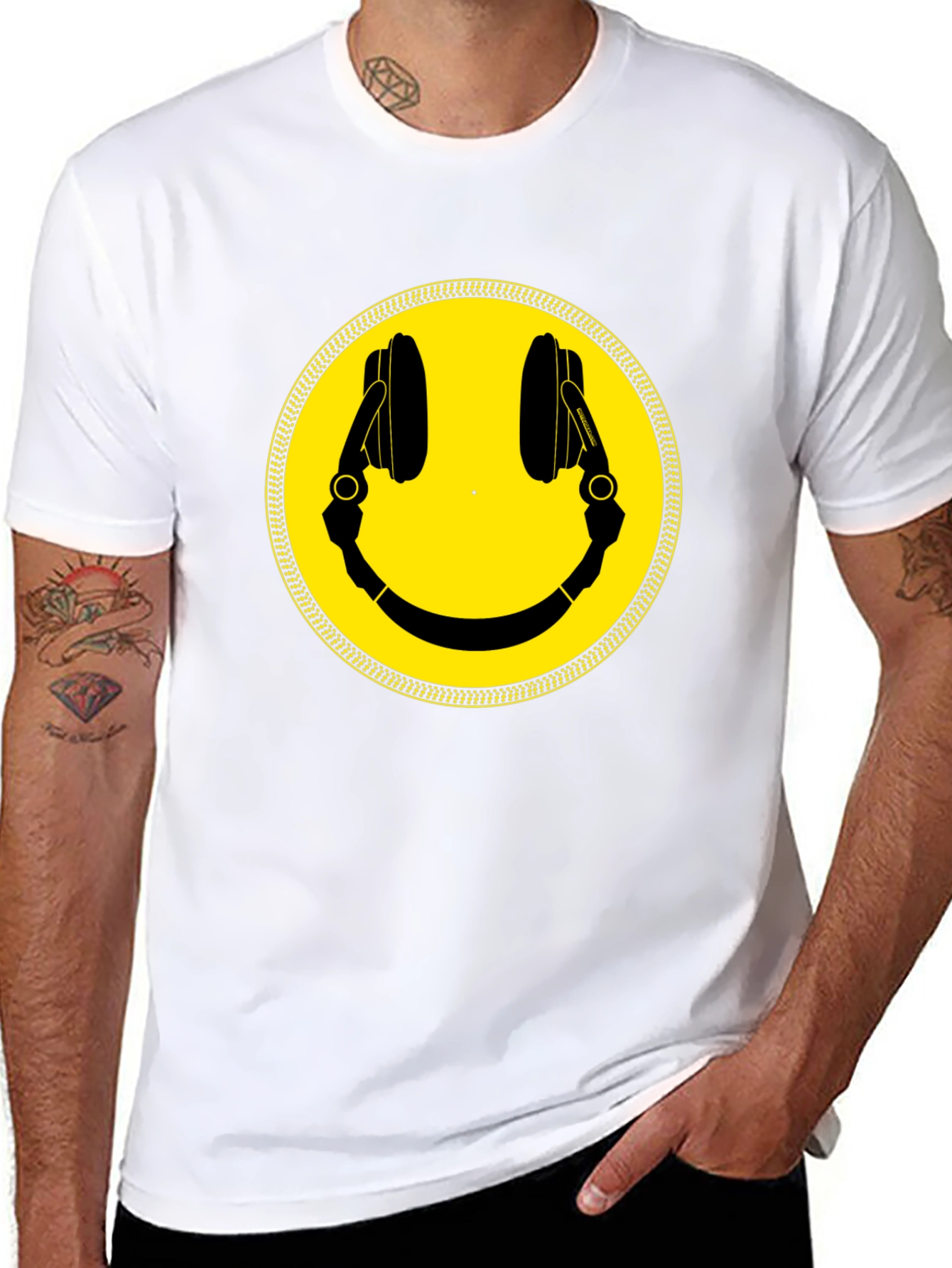 Smiley Face DJ Headphones Graphic Tee - Black