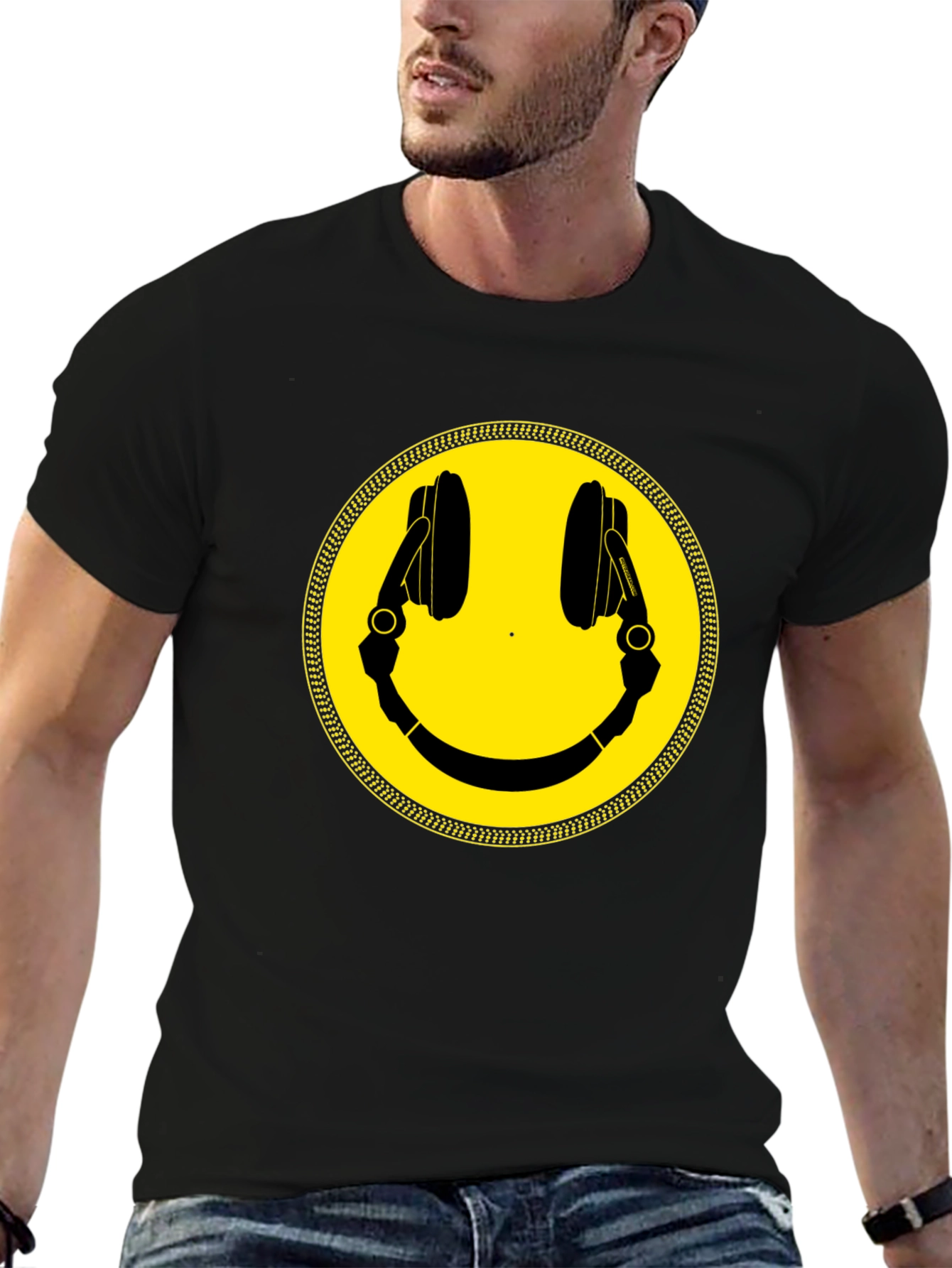 Smiley Face DJ Headphones Graphic Tee - Black