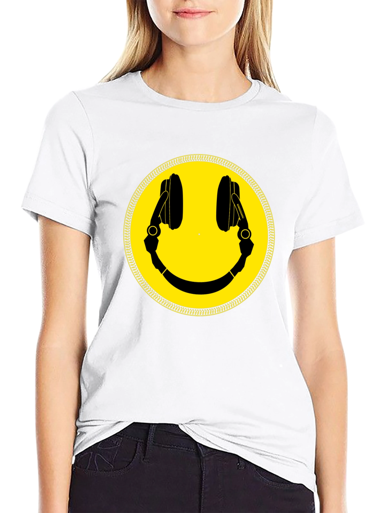 Smiley Face DJ Headphones Graphic Tee - Black