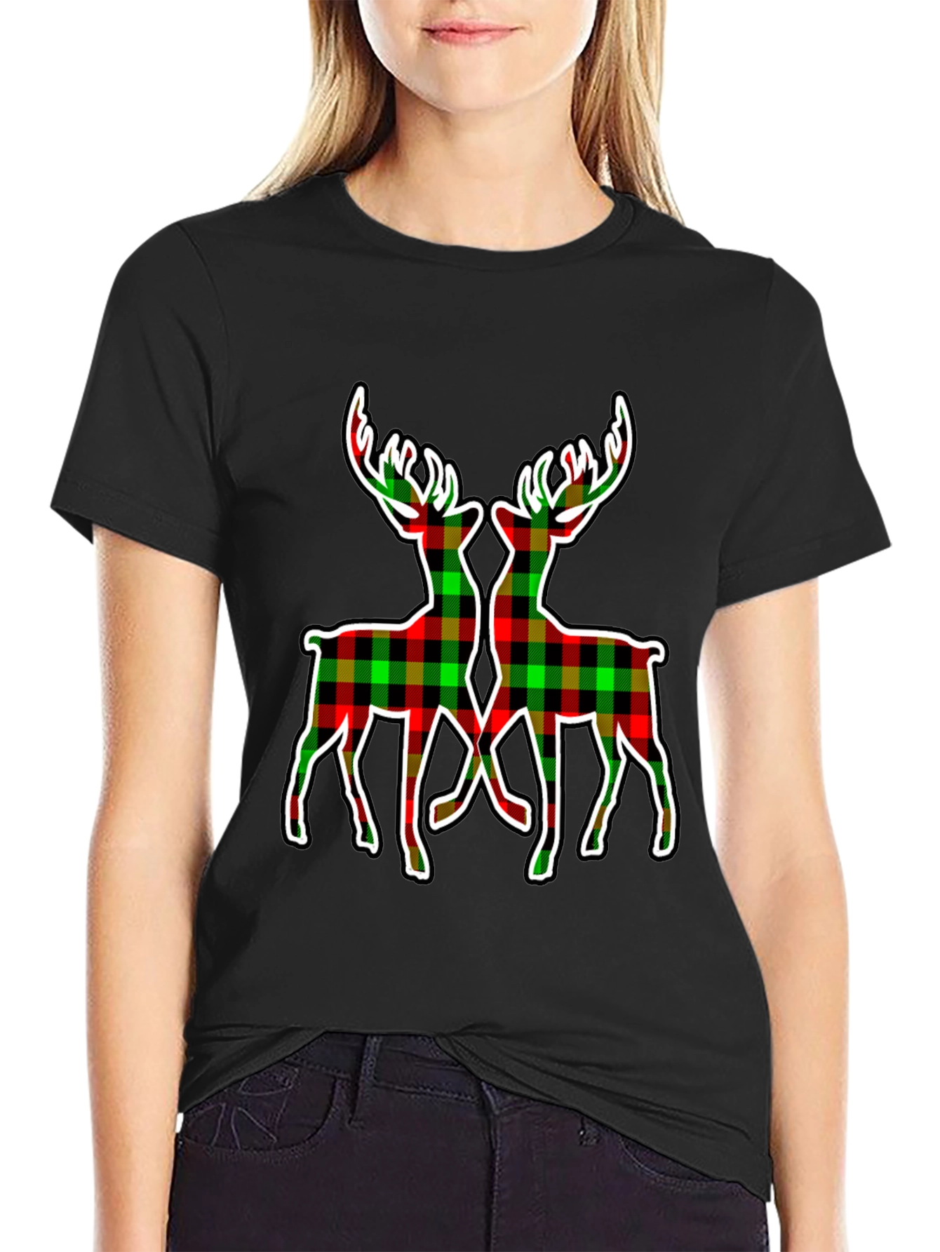 Plaid Deer Graphic Tee - Holiday Style