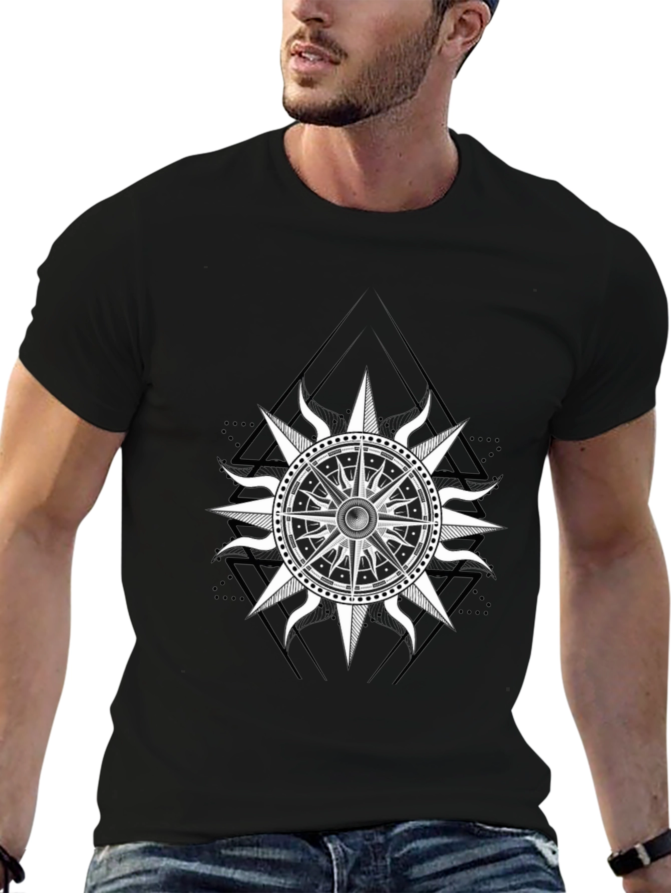 Black T-Shirt with Compass Rose Graphic