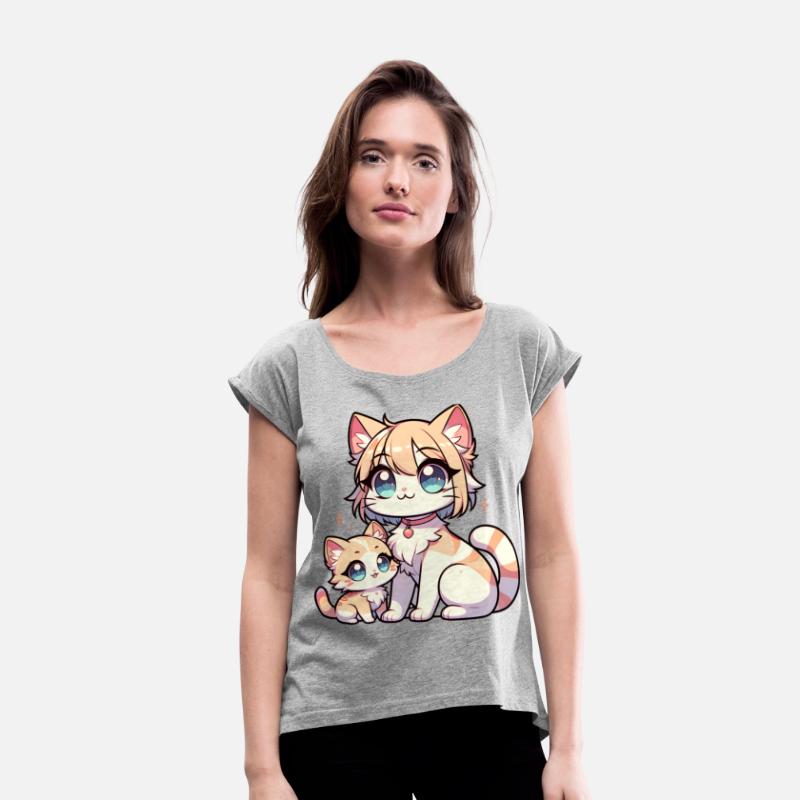 Cute Cartoon Mother and Kitten with Big Blue Eyes