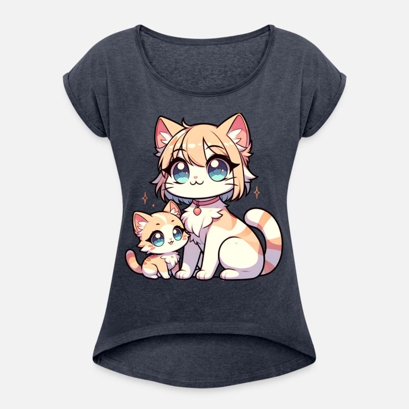 Cute Cartoon Mother and Kitten with Big Blue Eyes