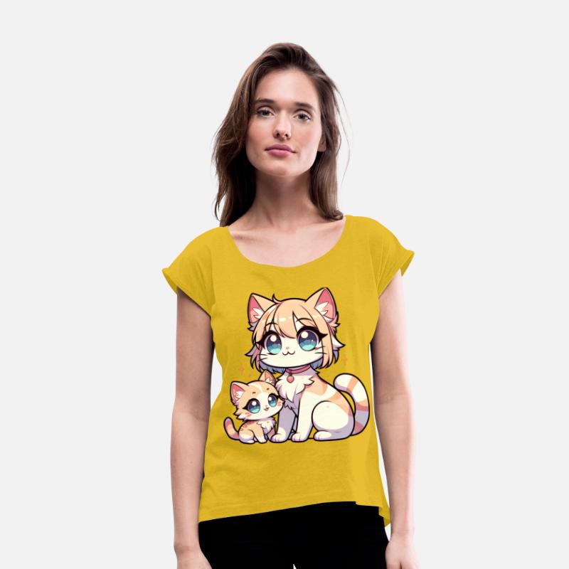 Cute Cartoon Mother and Kitten with Big Blue Eyes