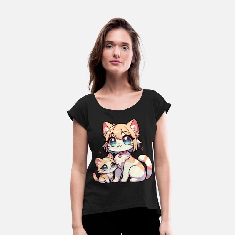 Cute Cartoon Mother and Kitten with Big Blue Eyes