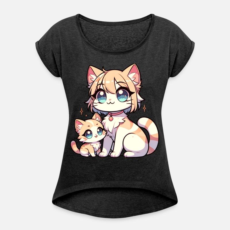 Cute Cartoon Mother and Kitten with Big Blue Eyes
