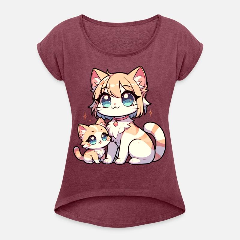 Cute Cartoon Mother and Kitten with Big Blue Eyes