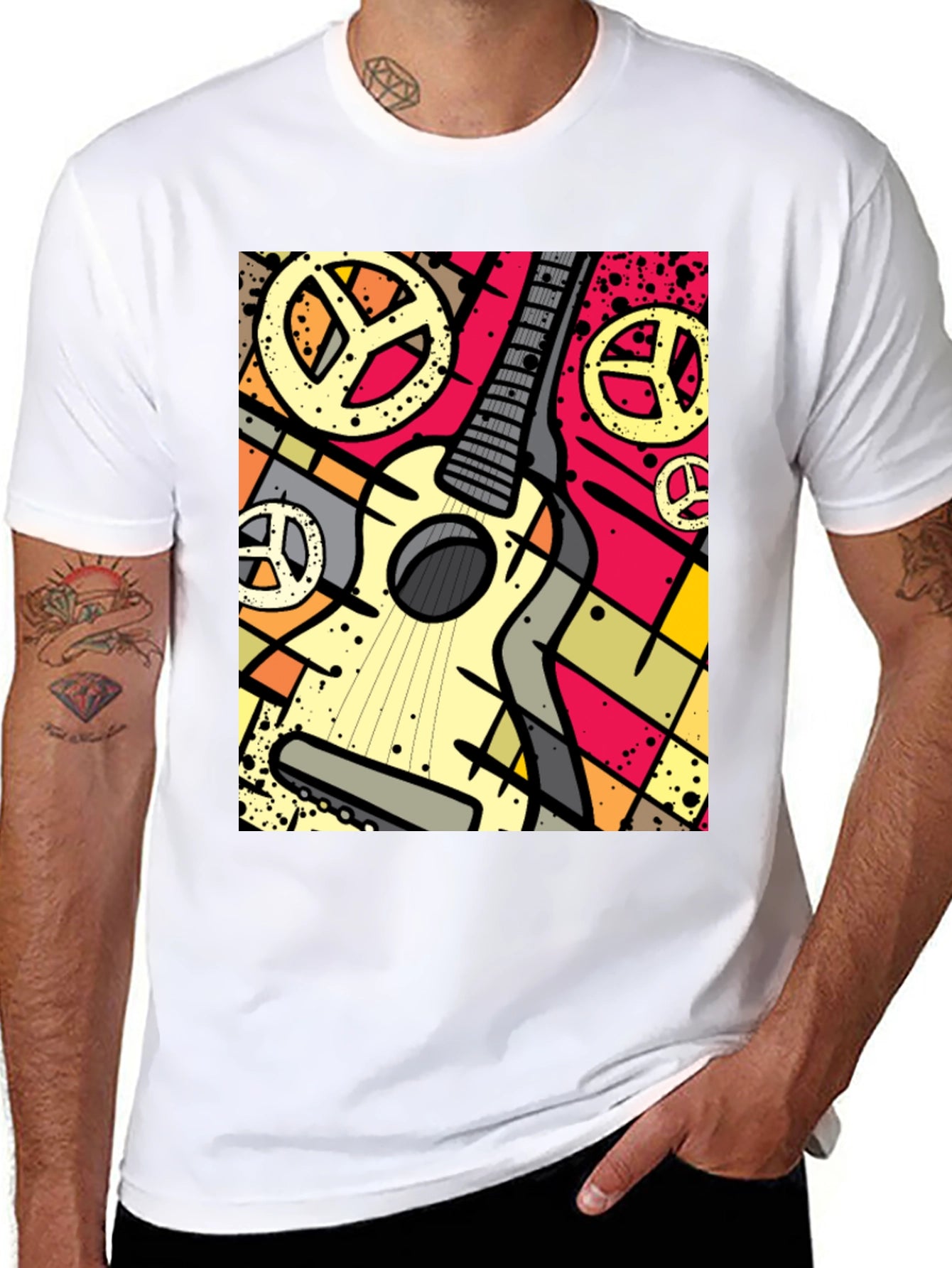 Guitar Peace Sign Graphic Tee - Black Cotton