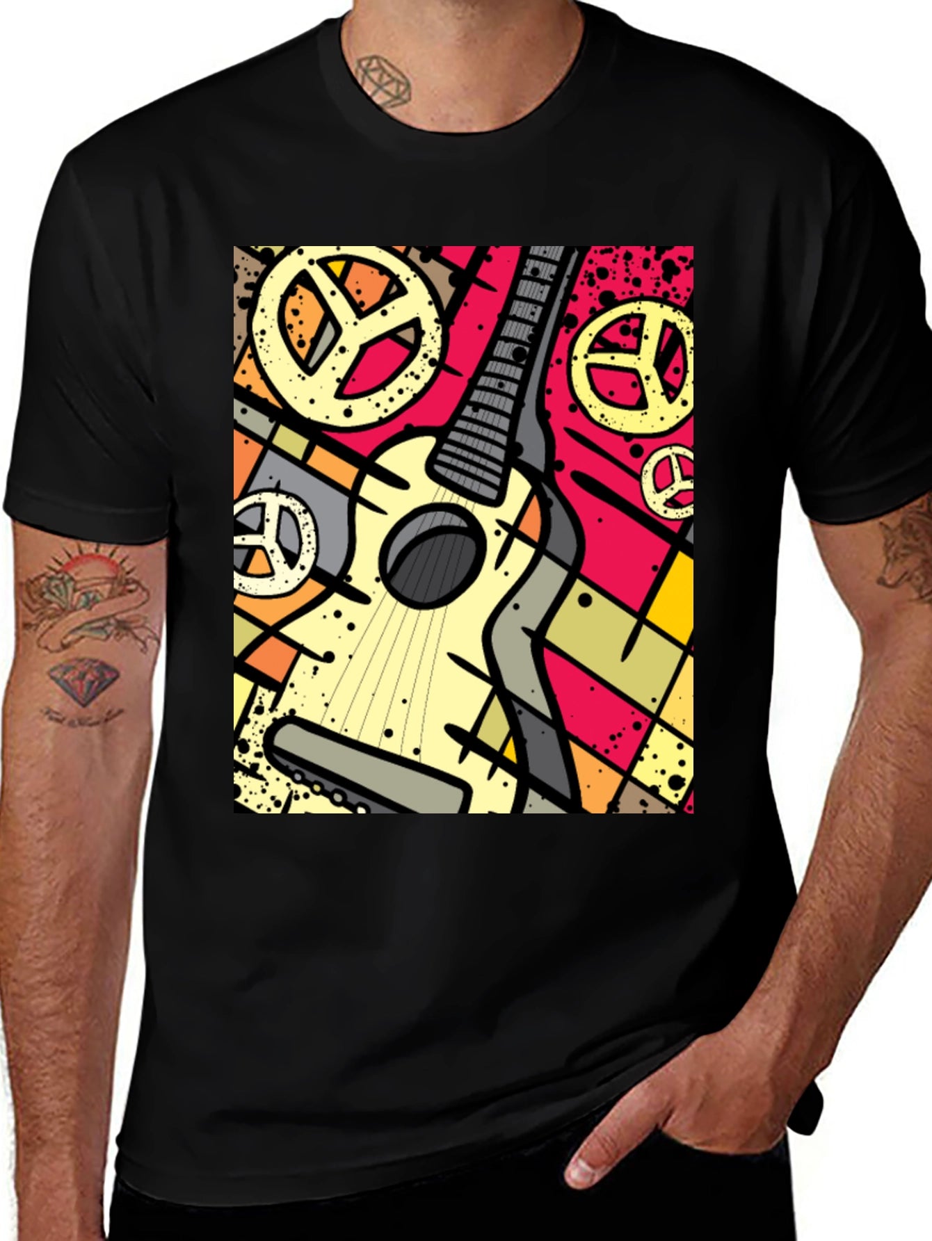 Guitar Peace Sign Graphic Tee - Black Cotton