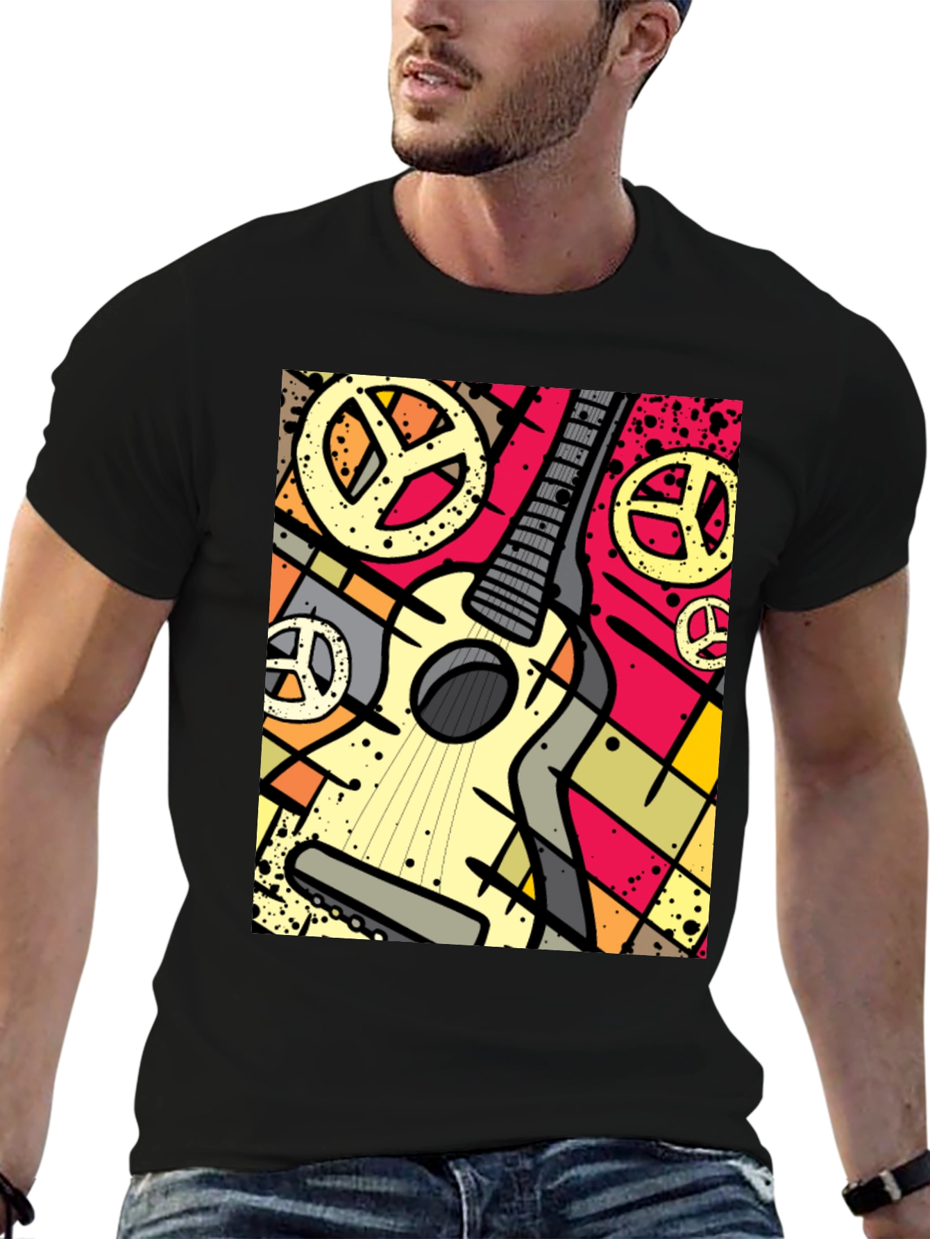 Guitar Peace Sign Graphic Tee - Black Cotton