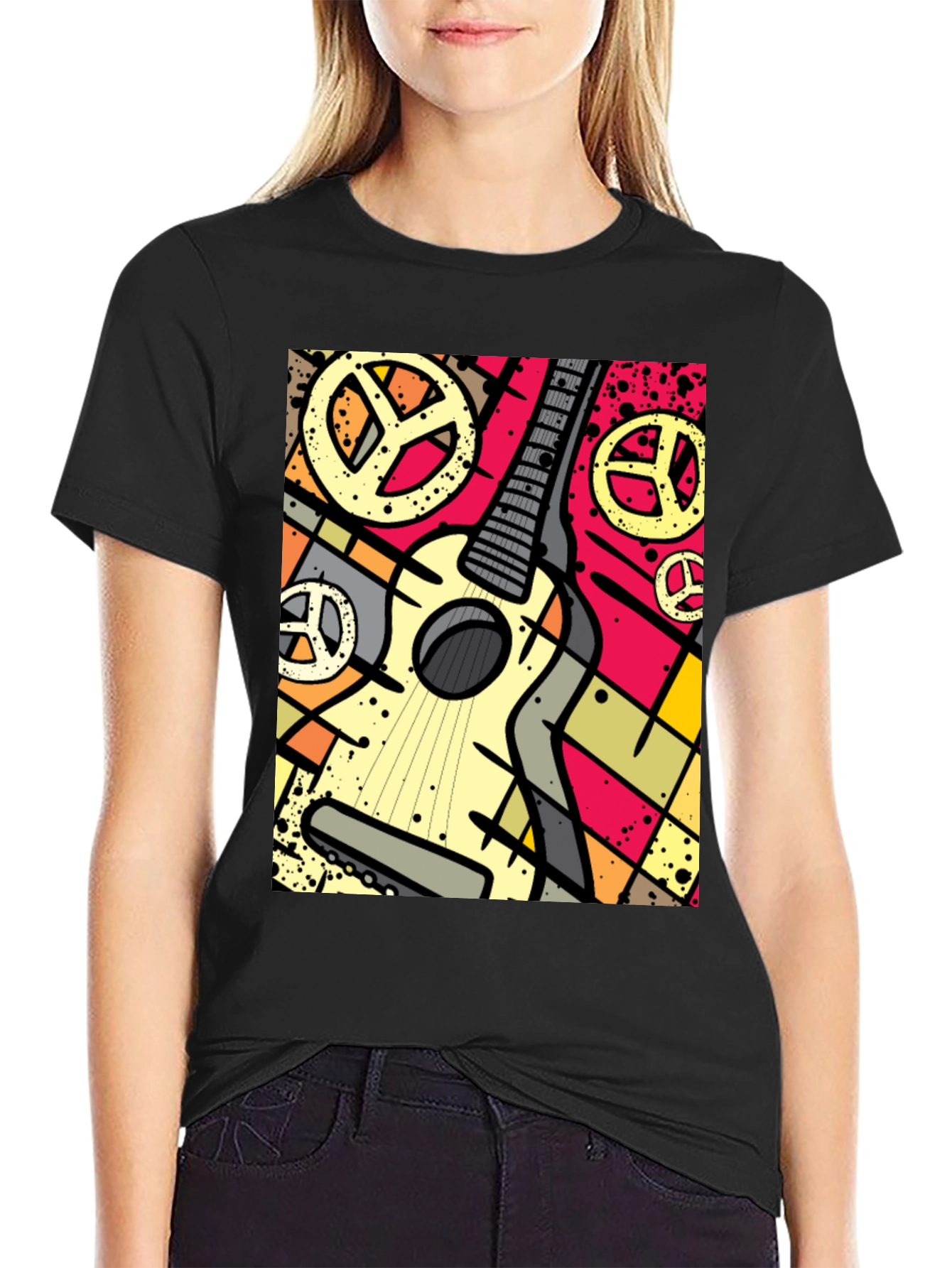 Guitar Peace Sign Graphic Tee - Black Cotton