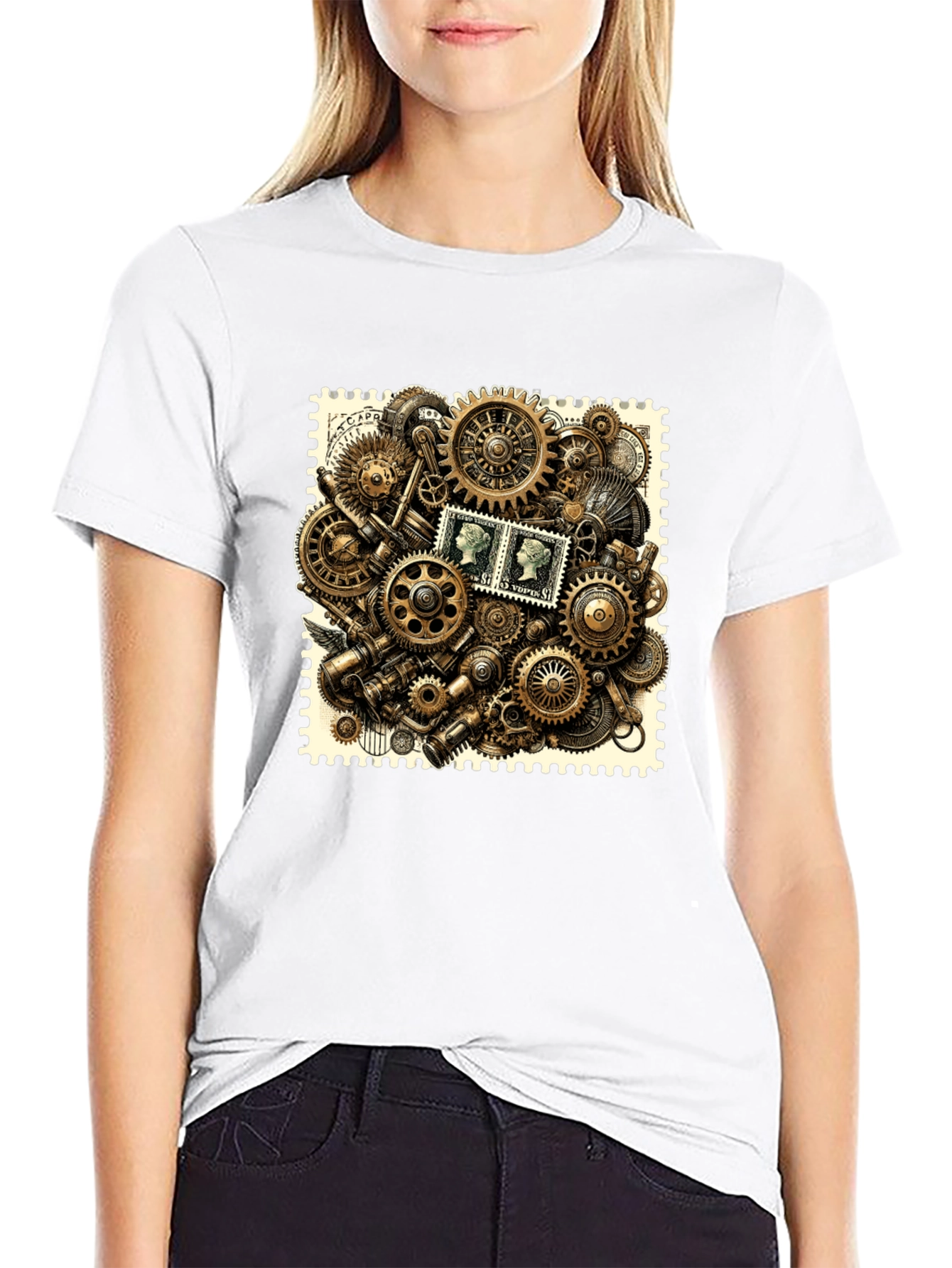 Steampunk Gears & Stamp Print Black T-Shirt