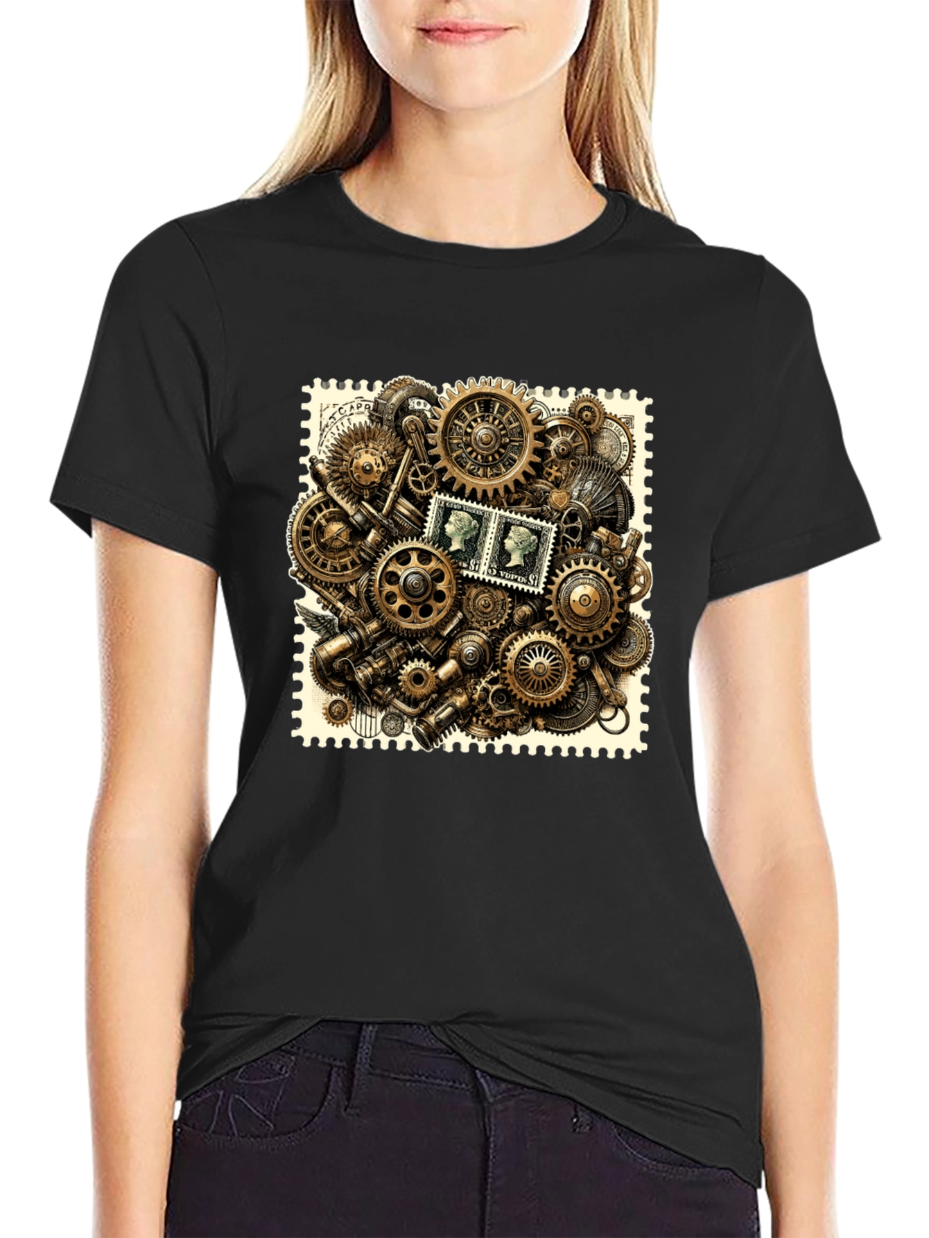 Steampunk Gears & Stamp Print Black T-Shirt