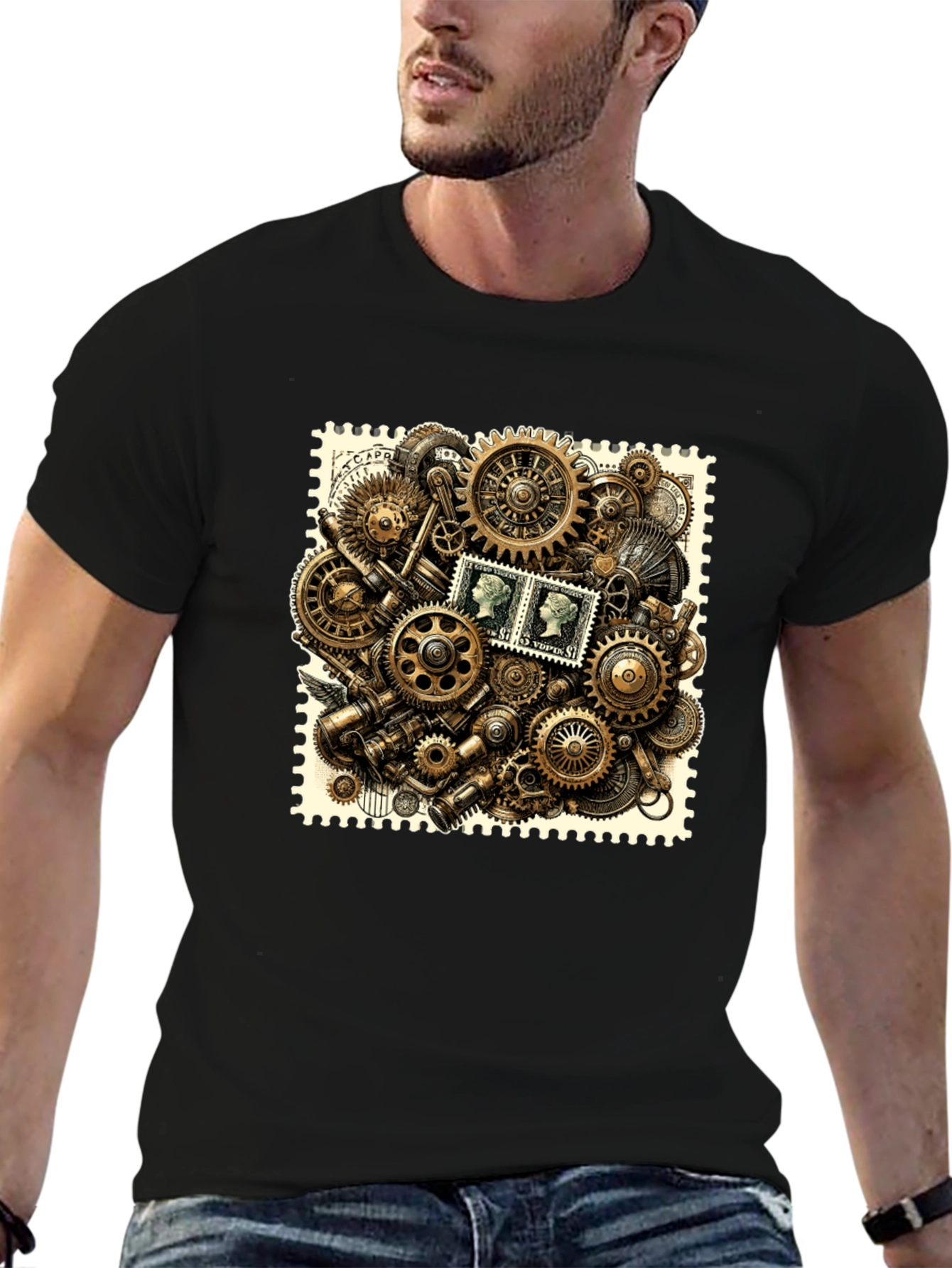 Steampunk Gears & Stamp Print Black T-Shirt