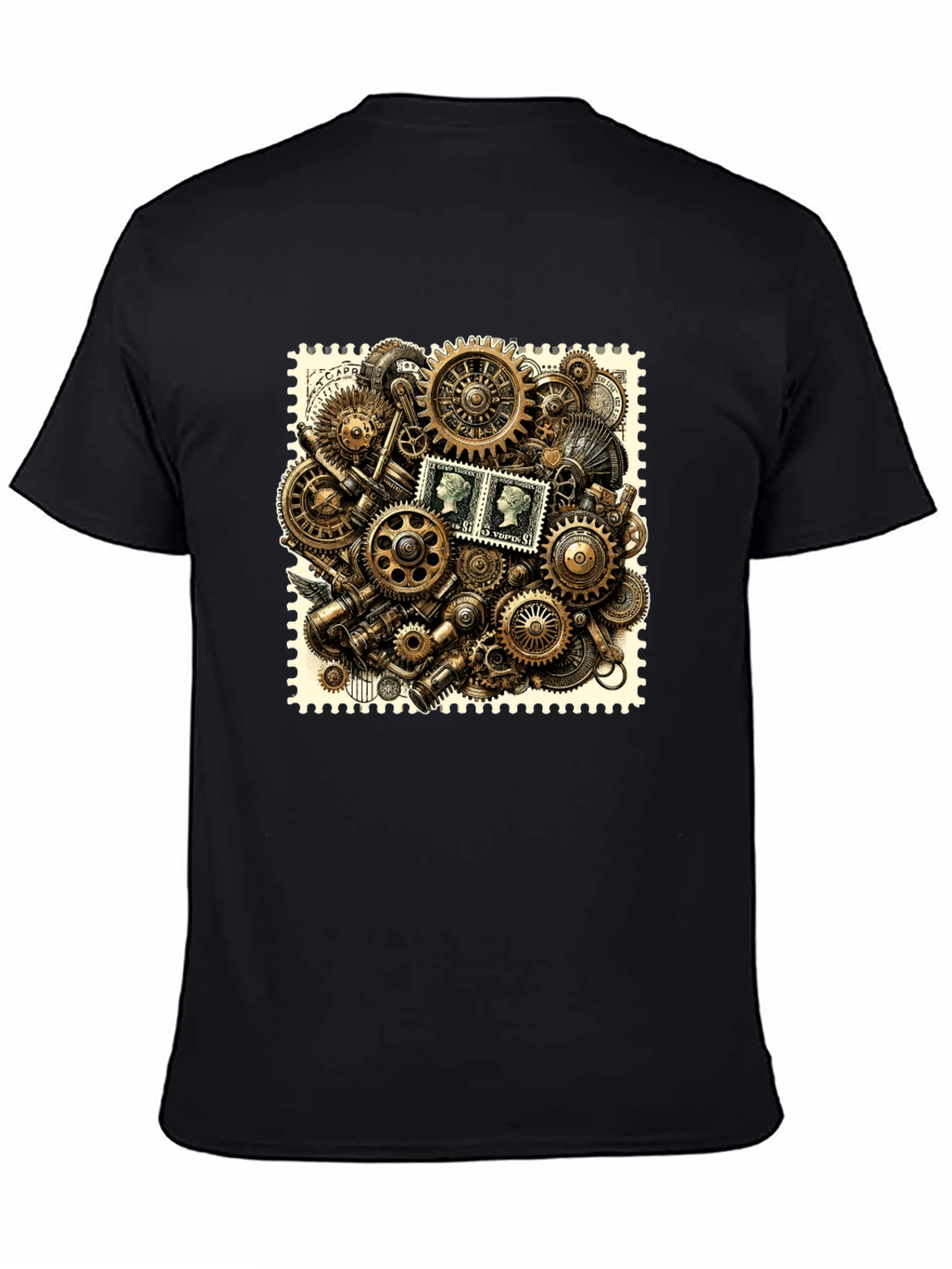 Steampunk Gears & Stamp Print Black T-Shirt
