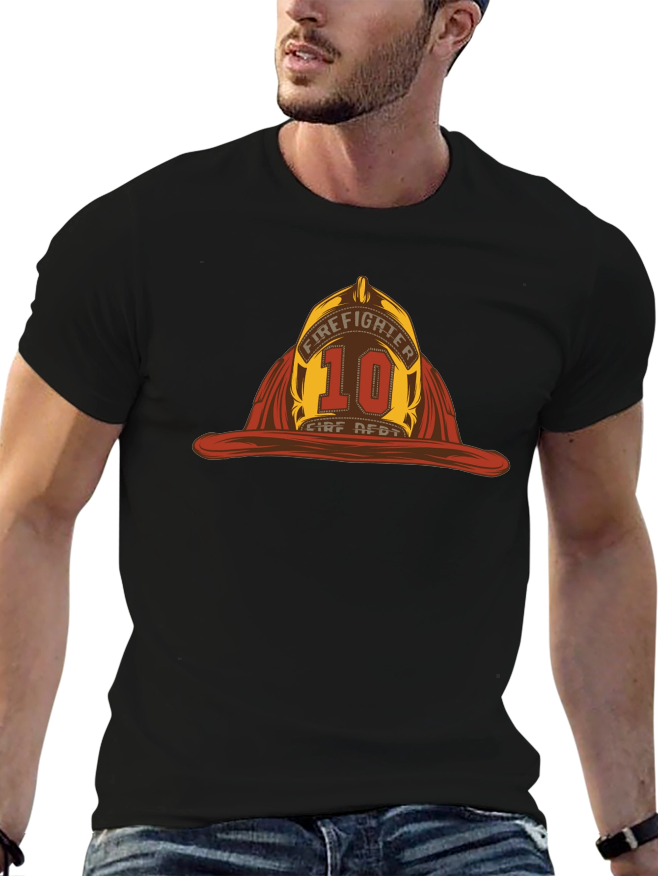 Firefighter Helmet Graphic Tee - Black Cotton T-Shirt