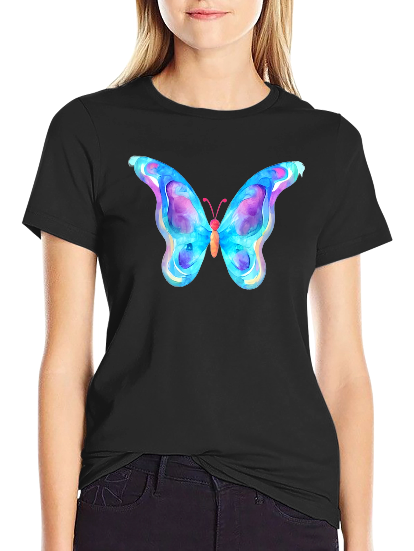 Watercolor Butterfly Black T-Shirt