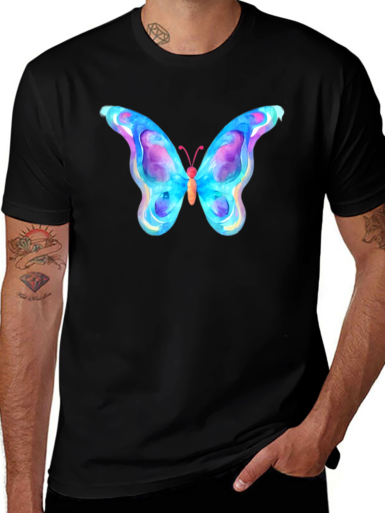 Watercolor Butterfly Black T-Shirt