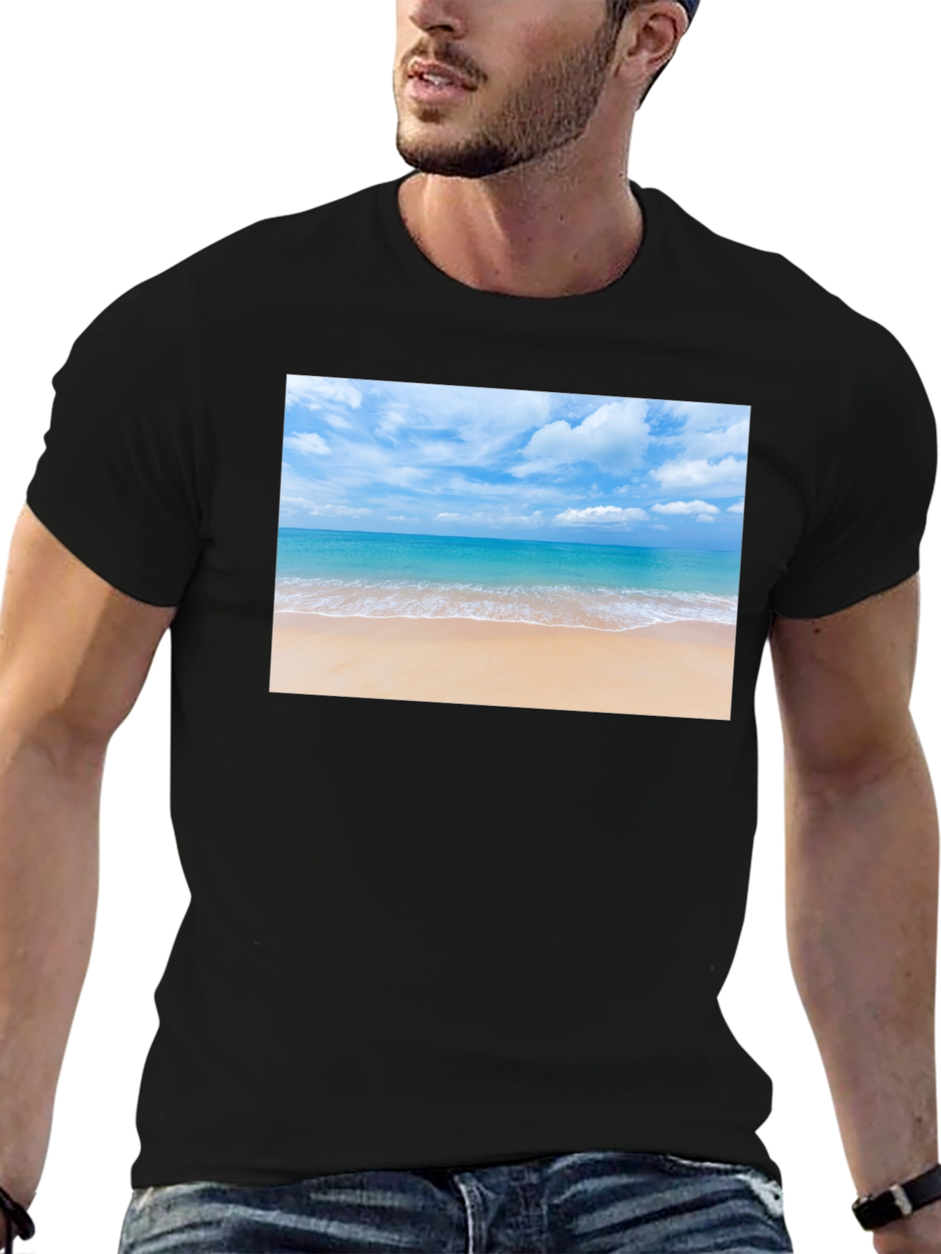 Beach Scene Graphic Tee - Black Cotton T-Shirt