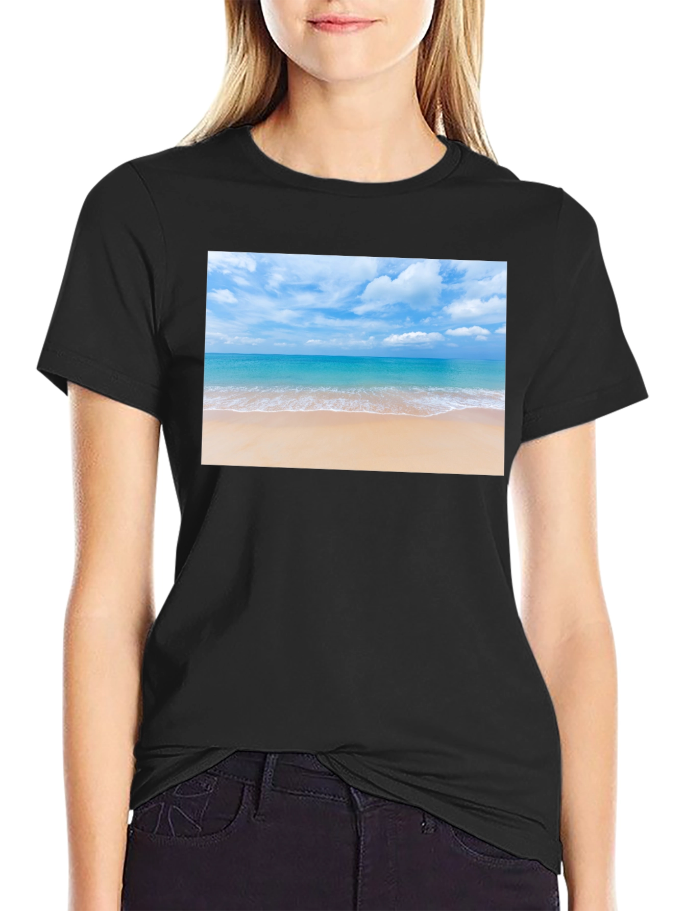 Beach Scene Graphic Tee - Black Cotton T-Shirt