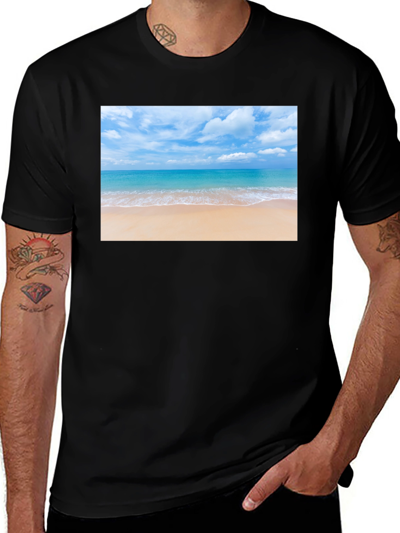 Beach Scene Graphic Tee - Black Cotton T-Shirt