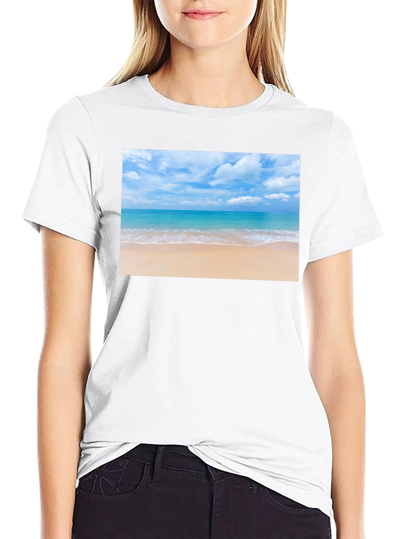 Beach Scene Graphic Tee - Black Cotton T-Shirt