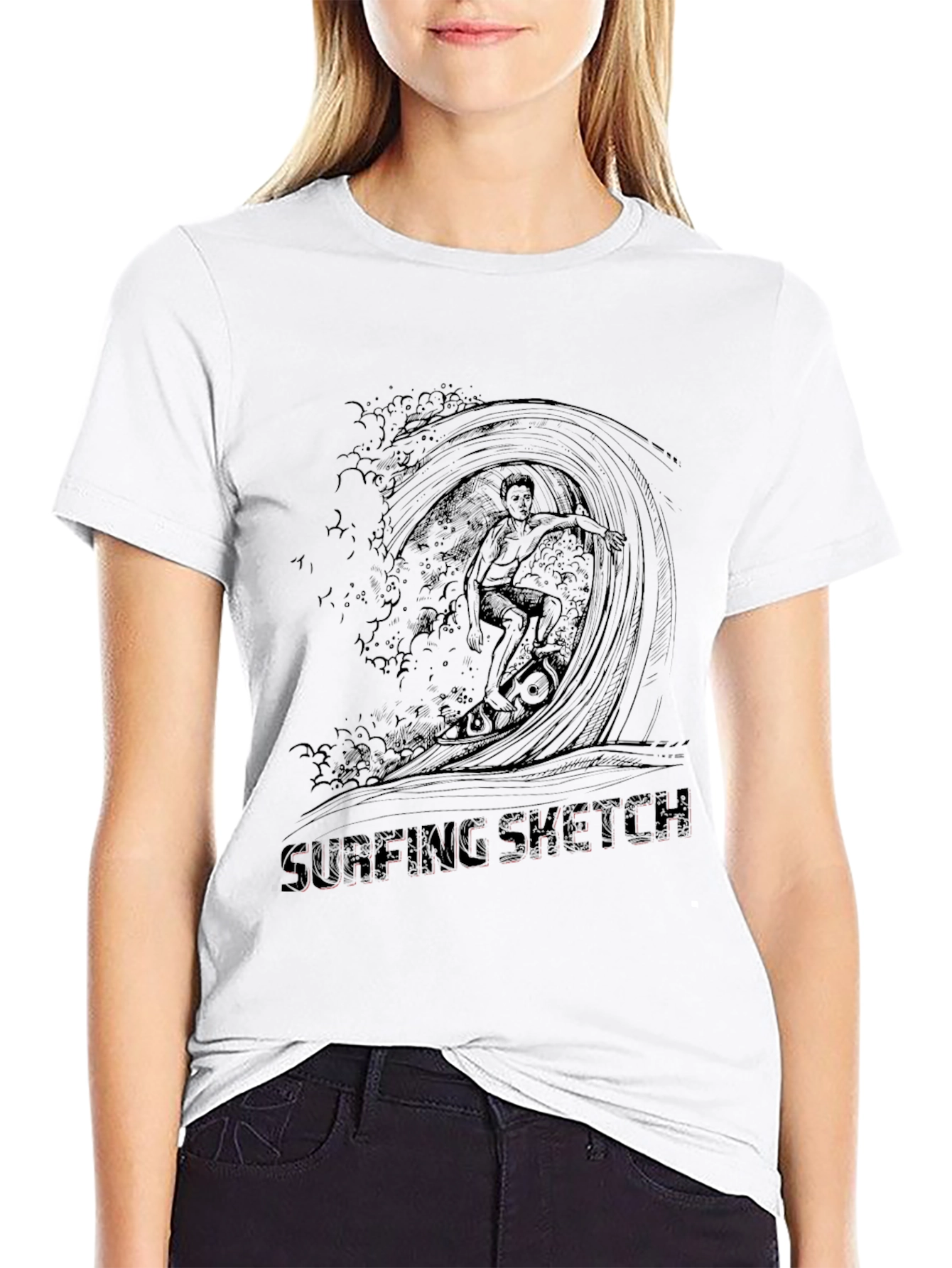 Surfing Sketch Black T-Shirt