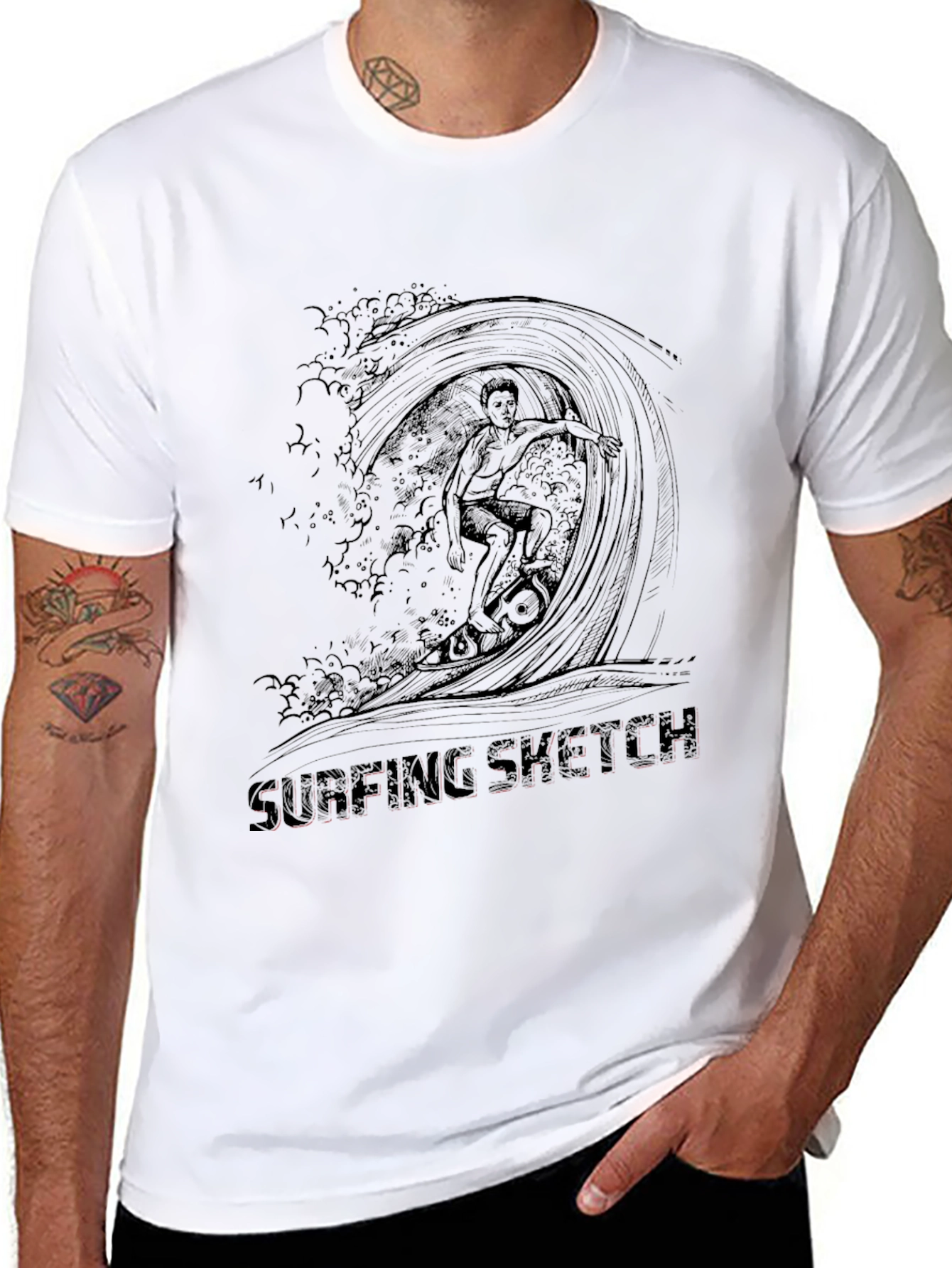 Surfing Sketch Black T-Shirt